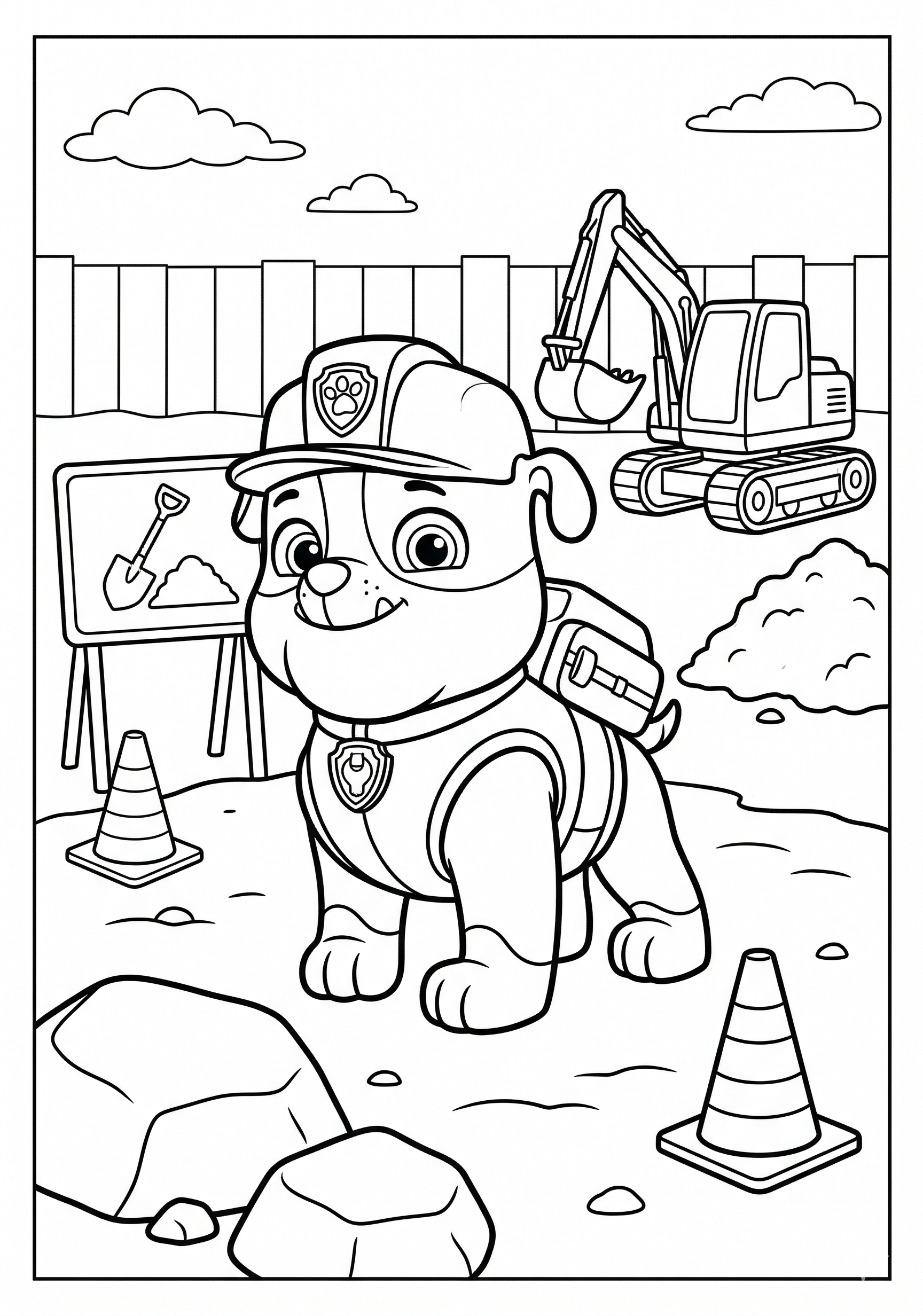 Paw Patrol Rubble at a simple construction site with rocks and signs coloring page for kids age 6-8
