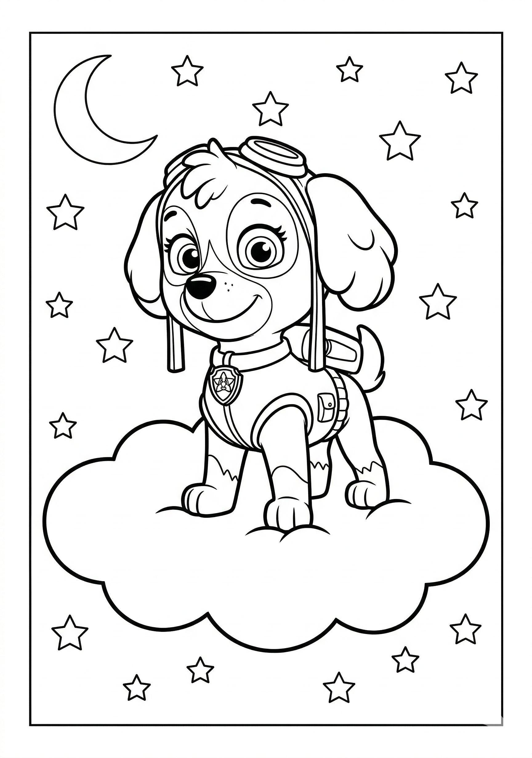 Paw Patrol Skye standing on a cloud-shaped platform with stars and moon coloring page for kids age 6-8