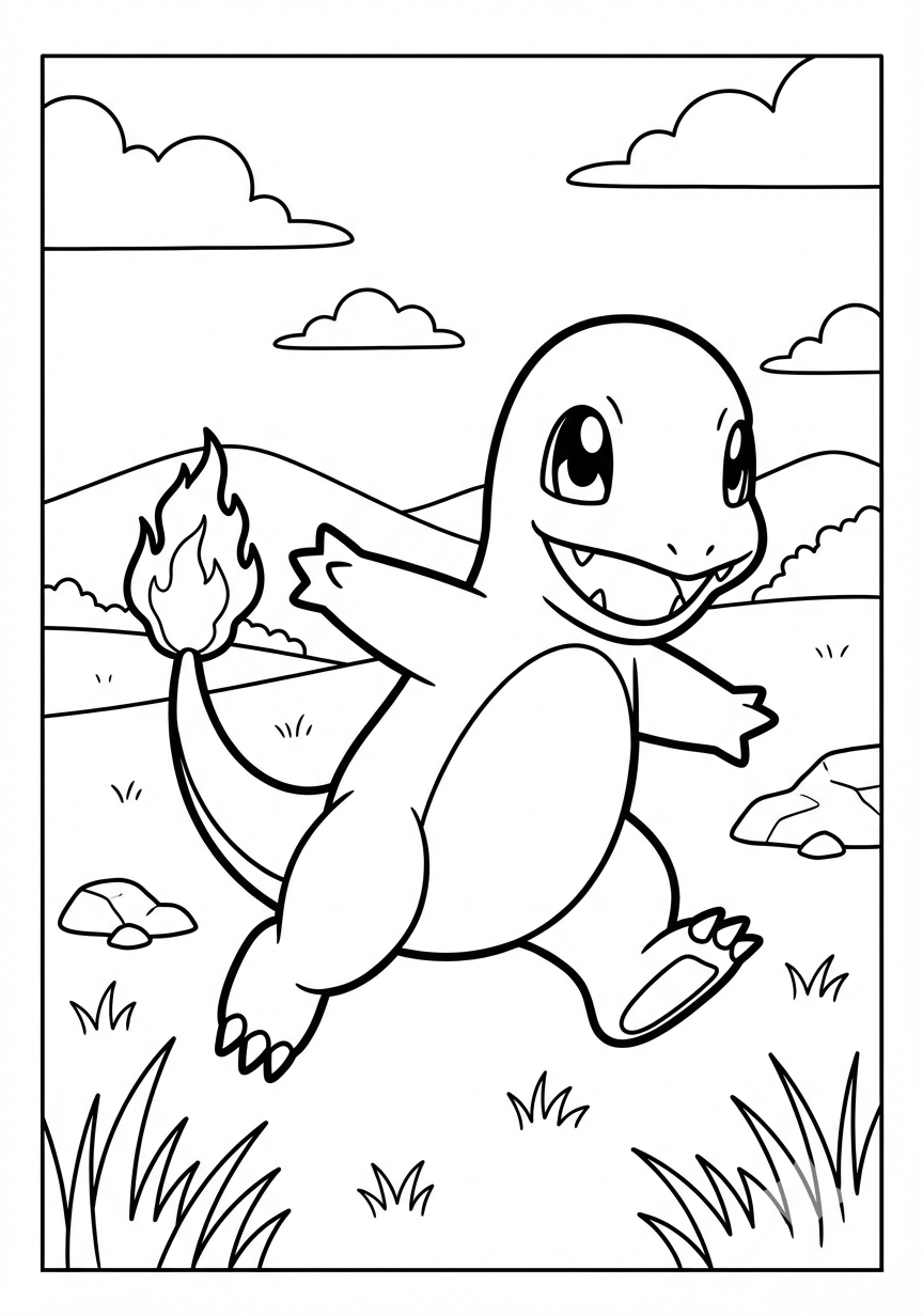 Charmander running Pokemon coloring page for kids age 6-8