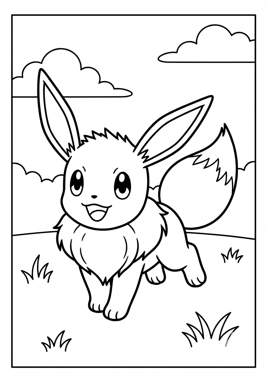 Eevee happy in open field Pokemon coloring page for kids age 6-8