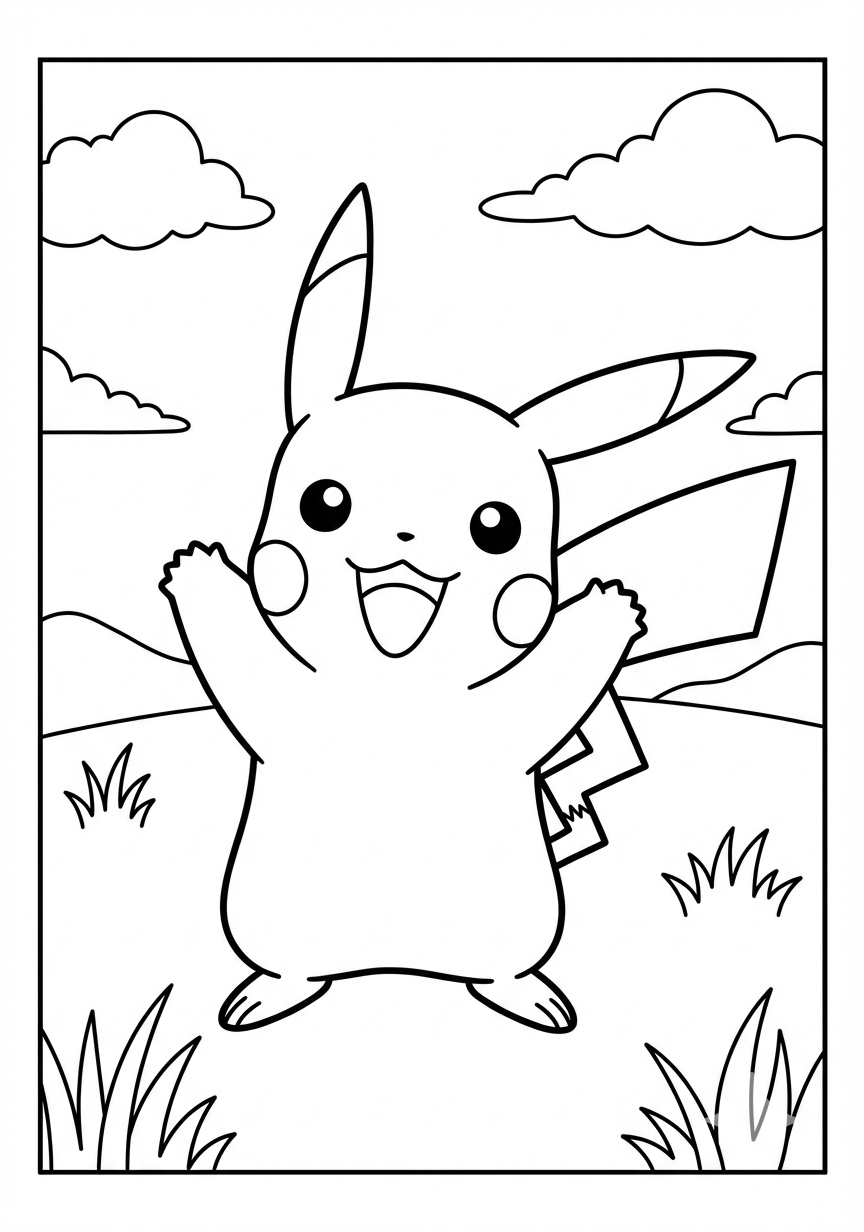 Pikachu happy in simple field Pokemon coloring page for kids age 6-8