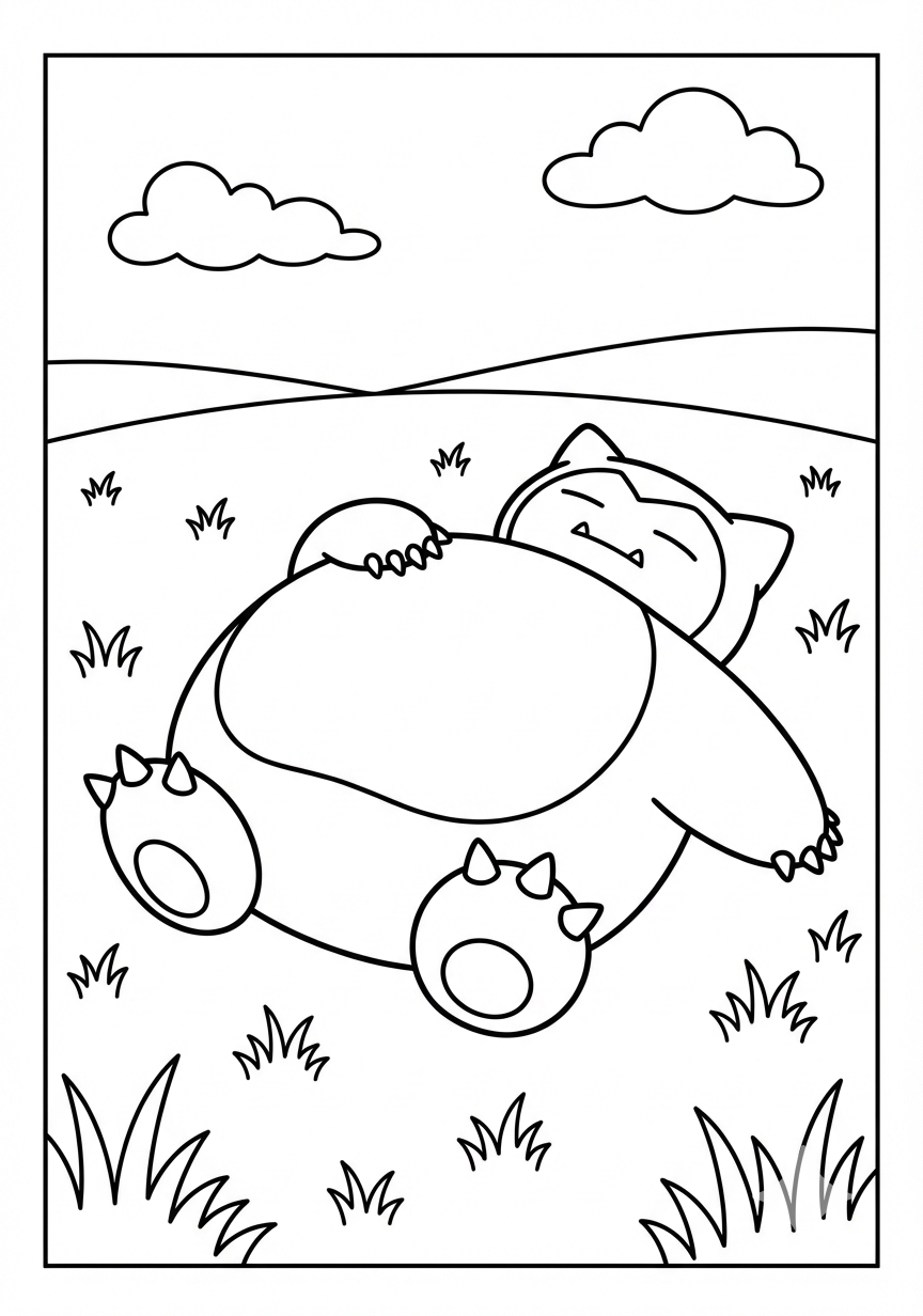 Snorlax sleeping in grass Pokemon coloring page for kids age 6-8