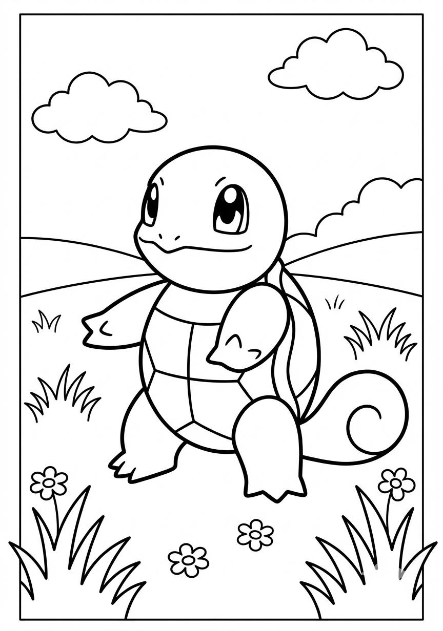 Squirtle in grass Pokemon coloring page for kids age 6-8