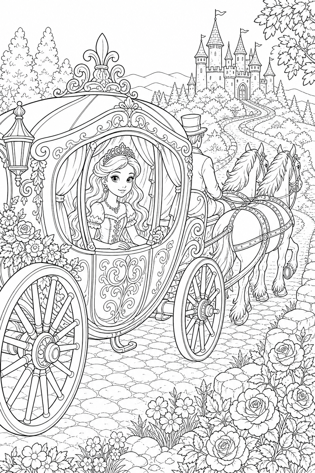 Princess Carriage Ride printable princess coloring page for kids ages 9-10