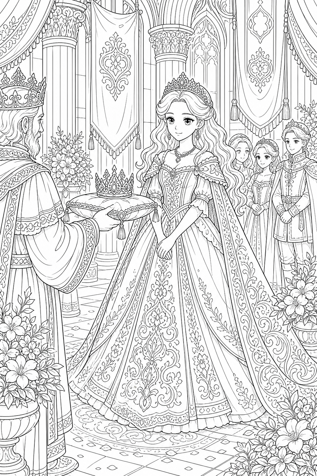 Detailed princess coloring page of a princess coronation scene in a palace hall.