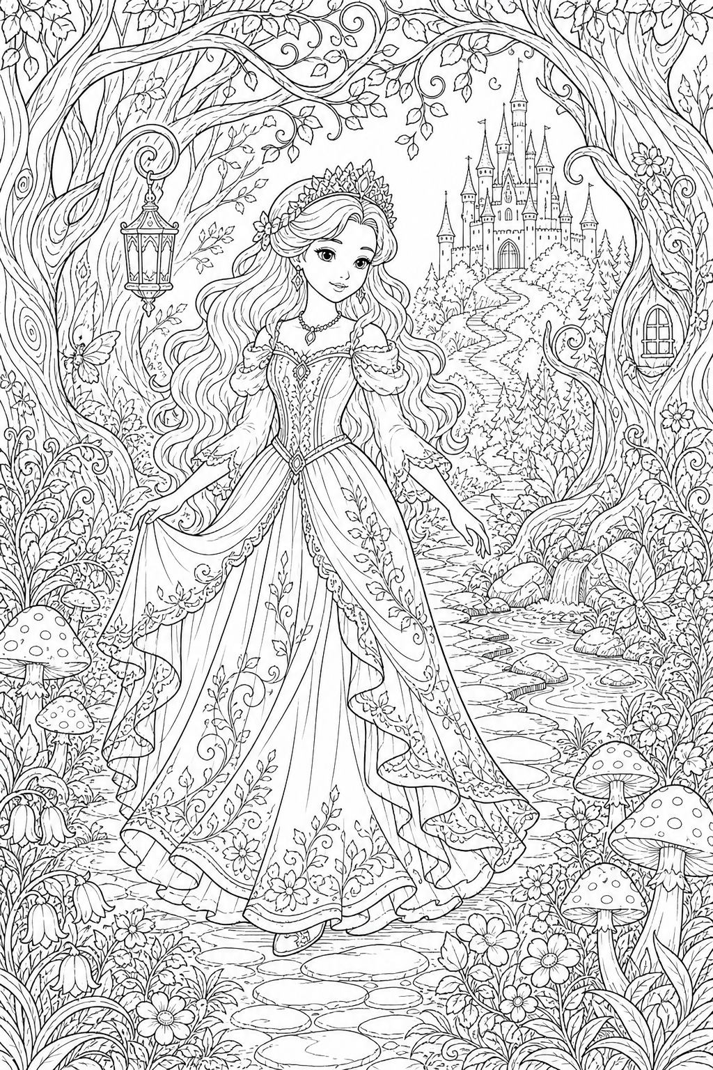 Princess Enchanted Forest printable princess coloring page for kids ages 9-10