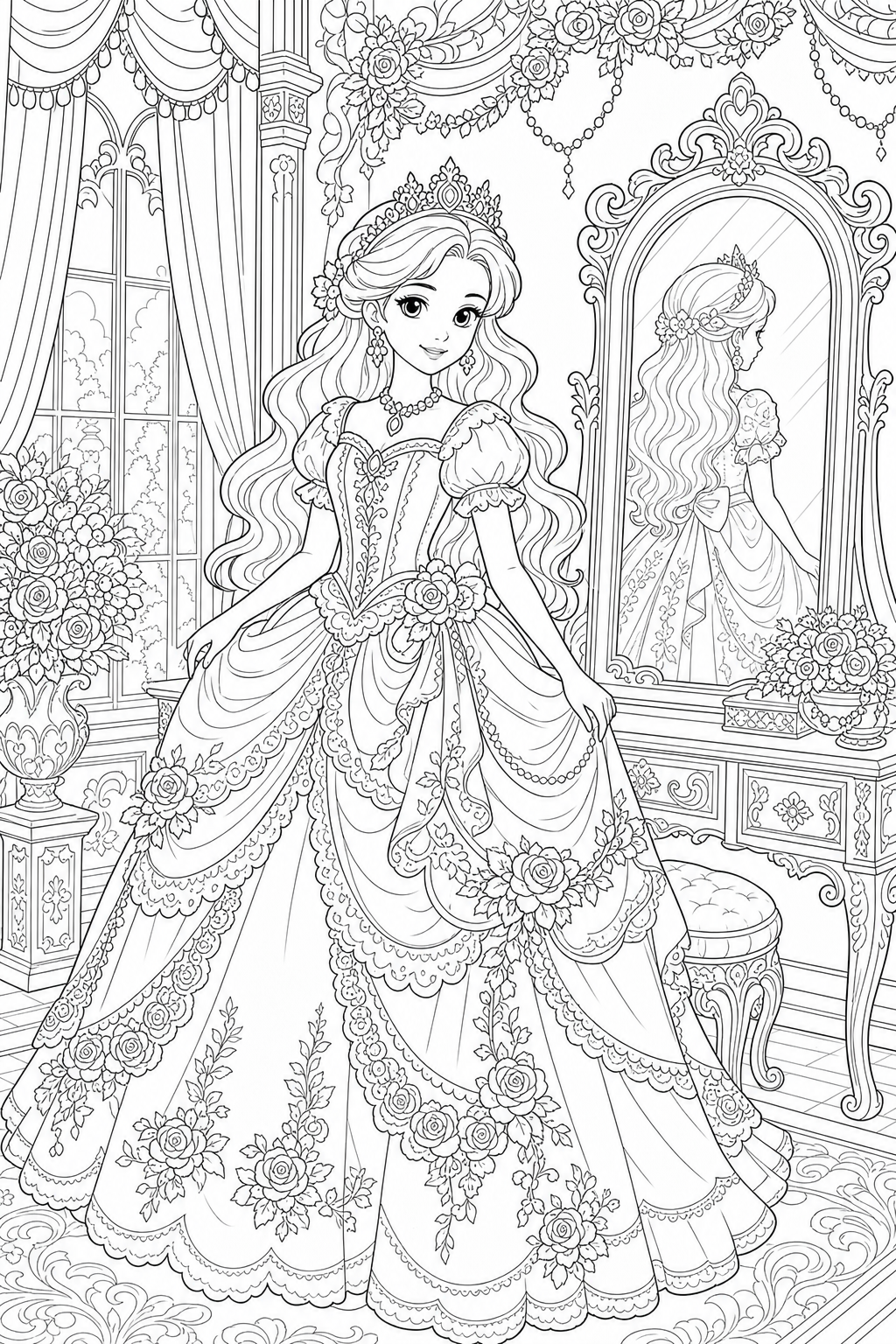 Princess Floral Gown printable princess coloring page for kids ages 9-10