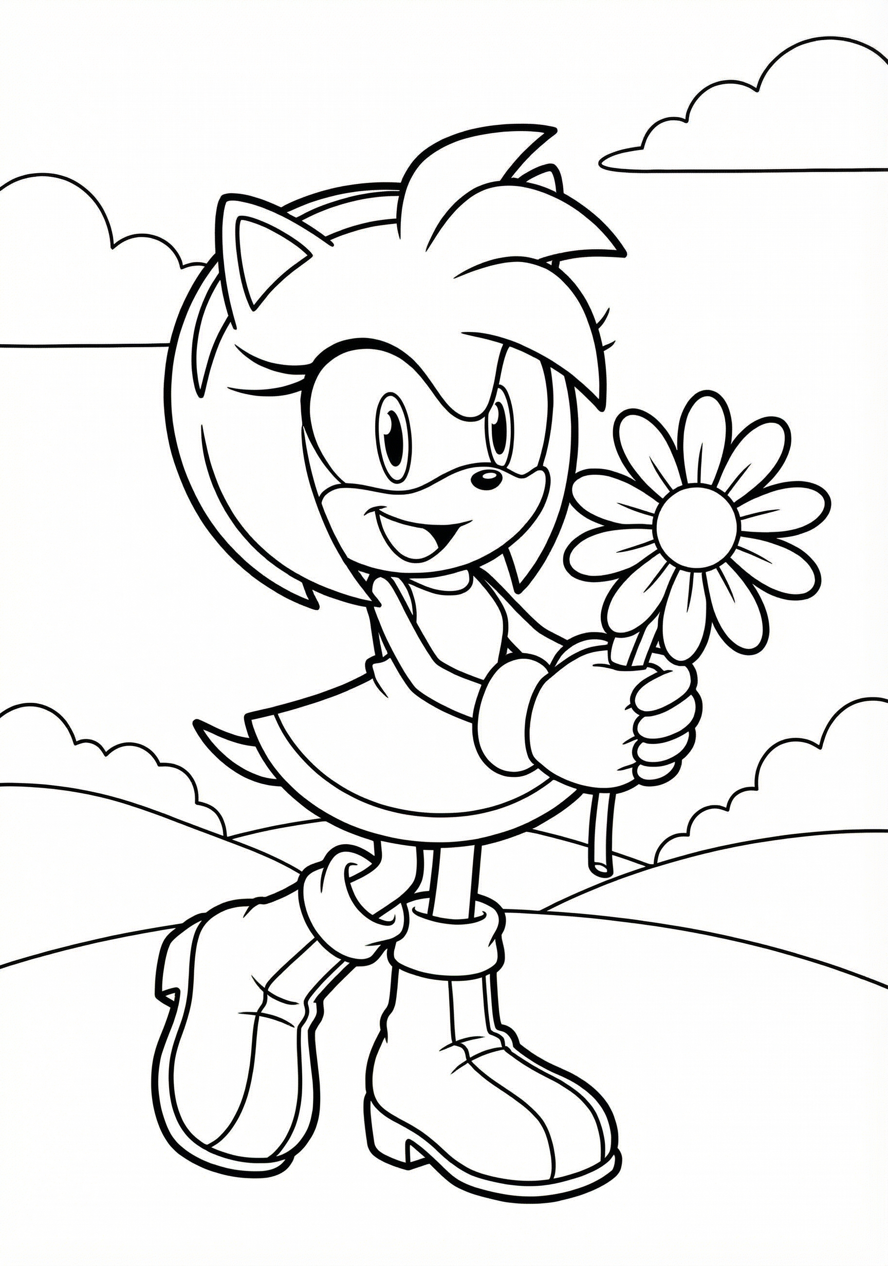 Amy Rose with flower Sonic coloring page for kids age 6-8
