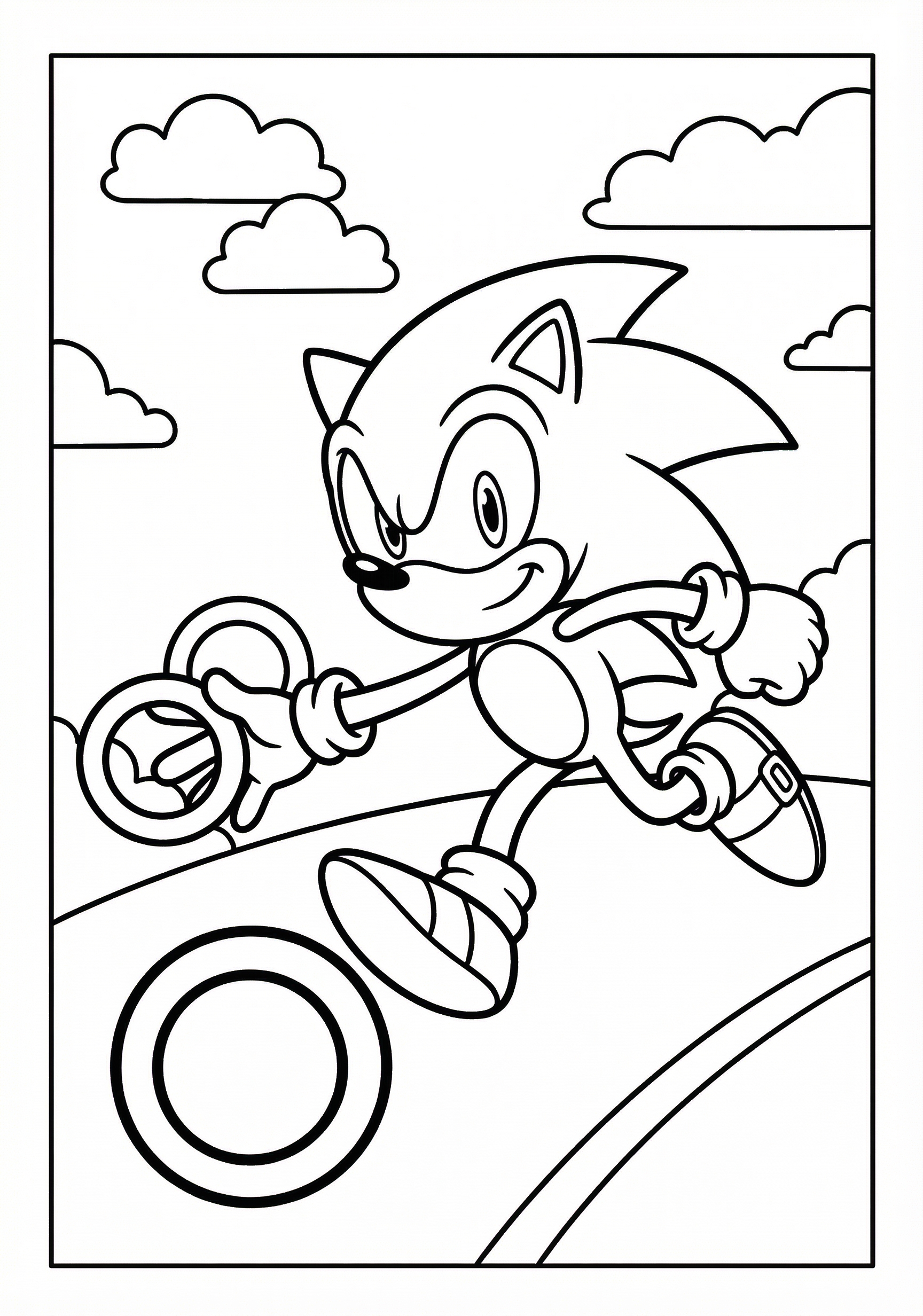 Sonic collecting rings coloring page for kids age 6-8