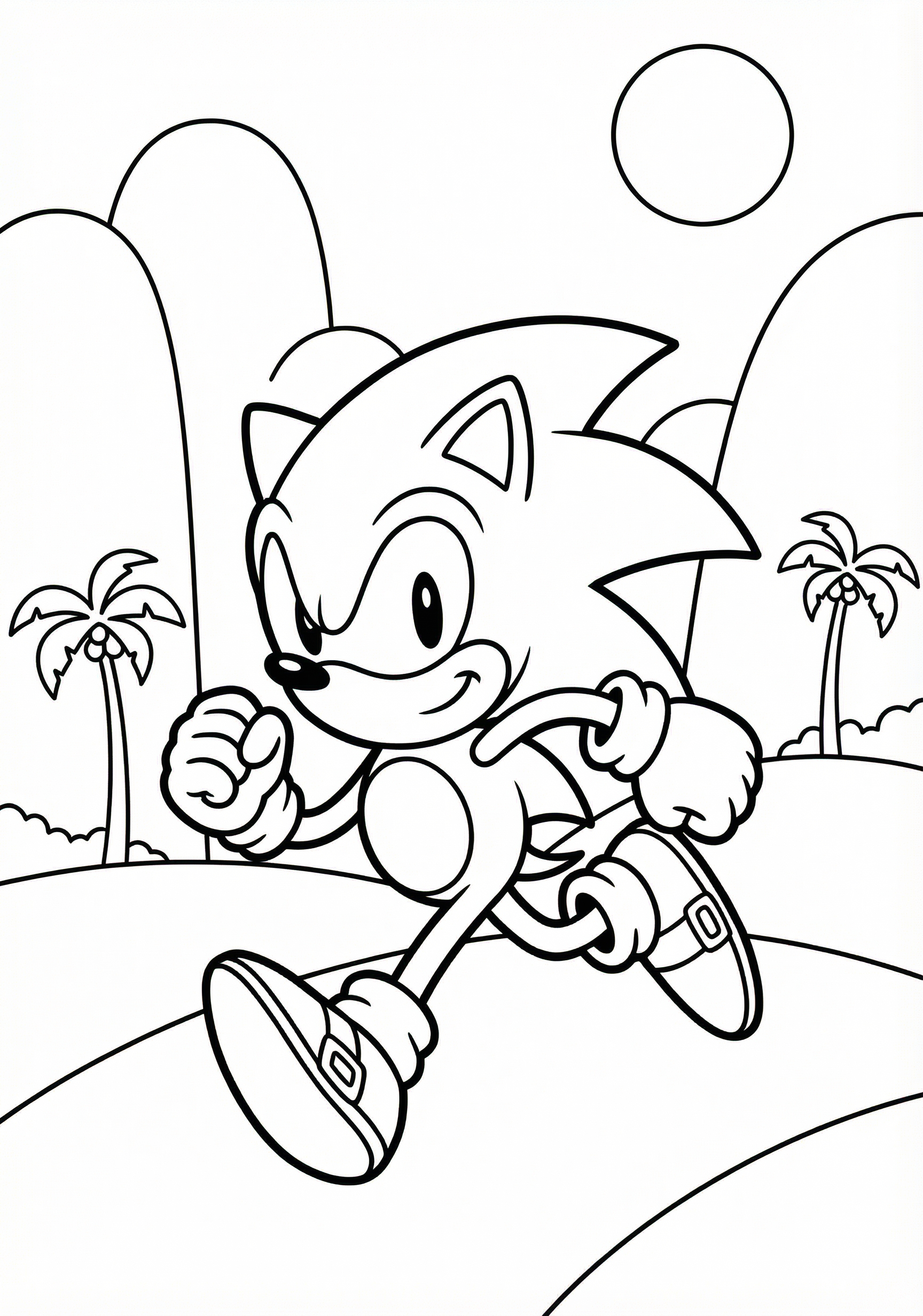 Sonic on Green Hill Zone coloring page for kids age 6-8