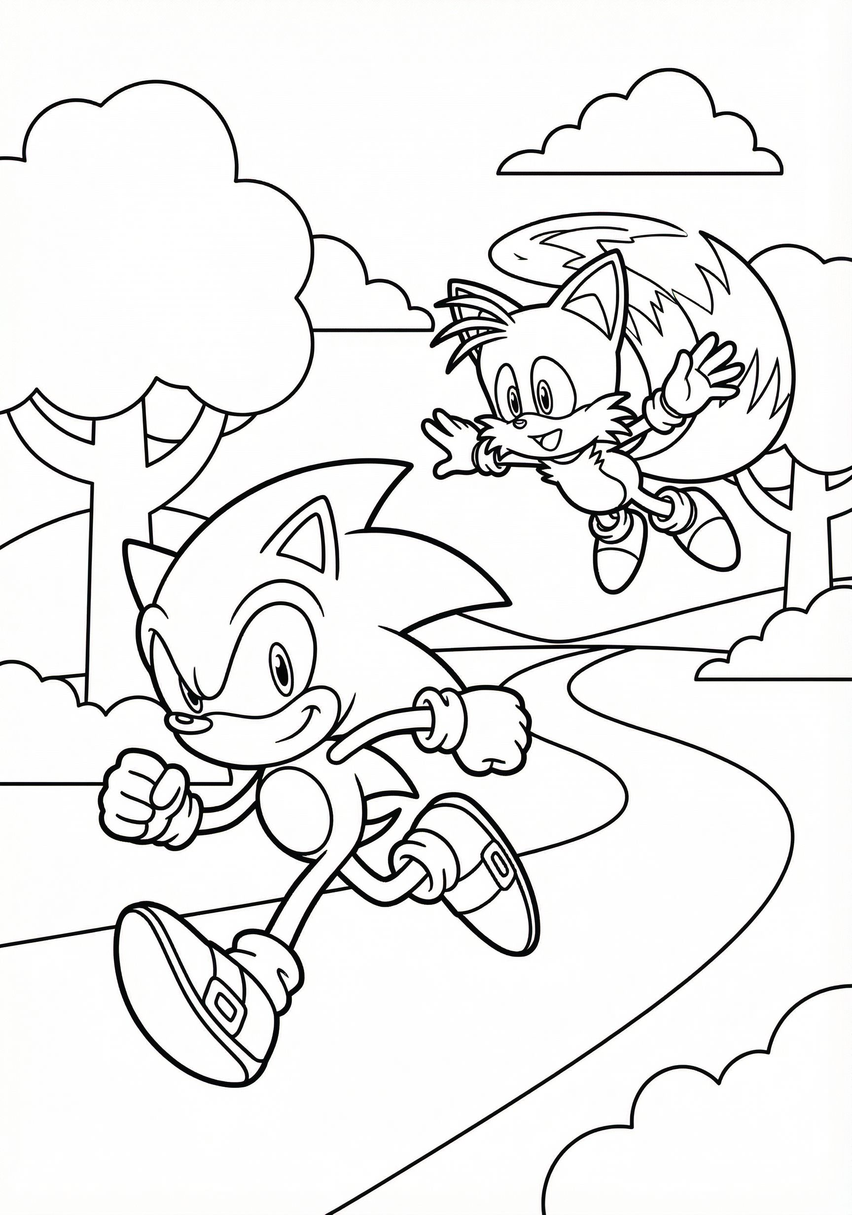 Sonic and Tails adventure scene coloring page for kids age 6-8