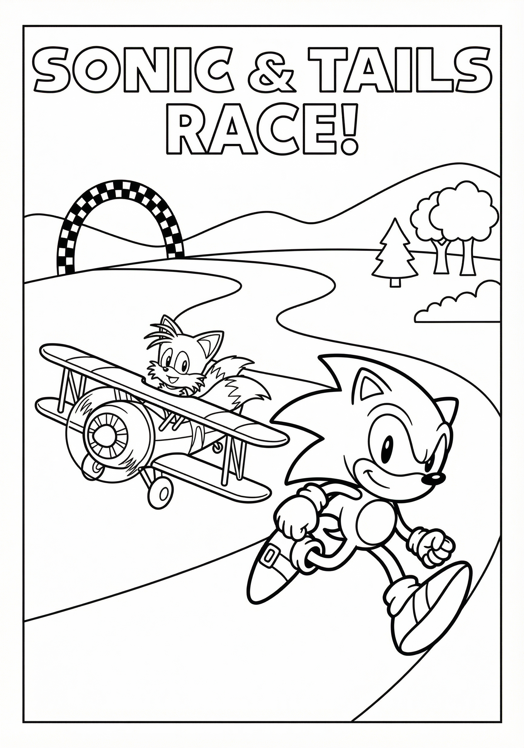 Sonic and Tails racing scene coloring page for kids age 6-8