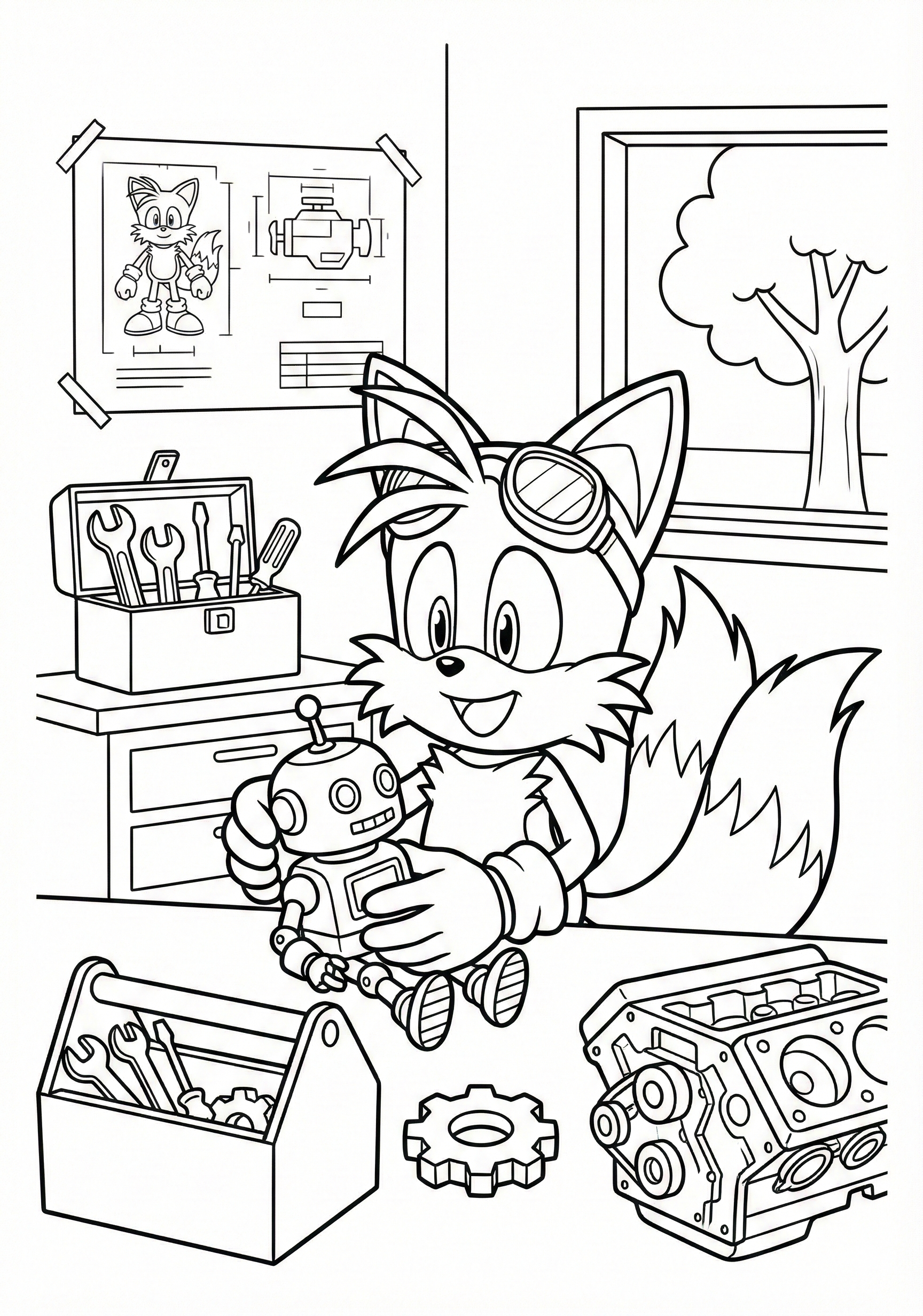 Tails in his workshop coloring page for kids age 9-10