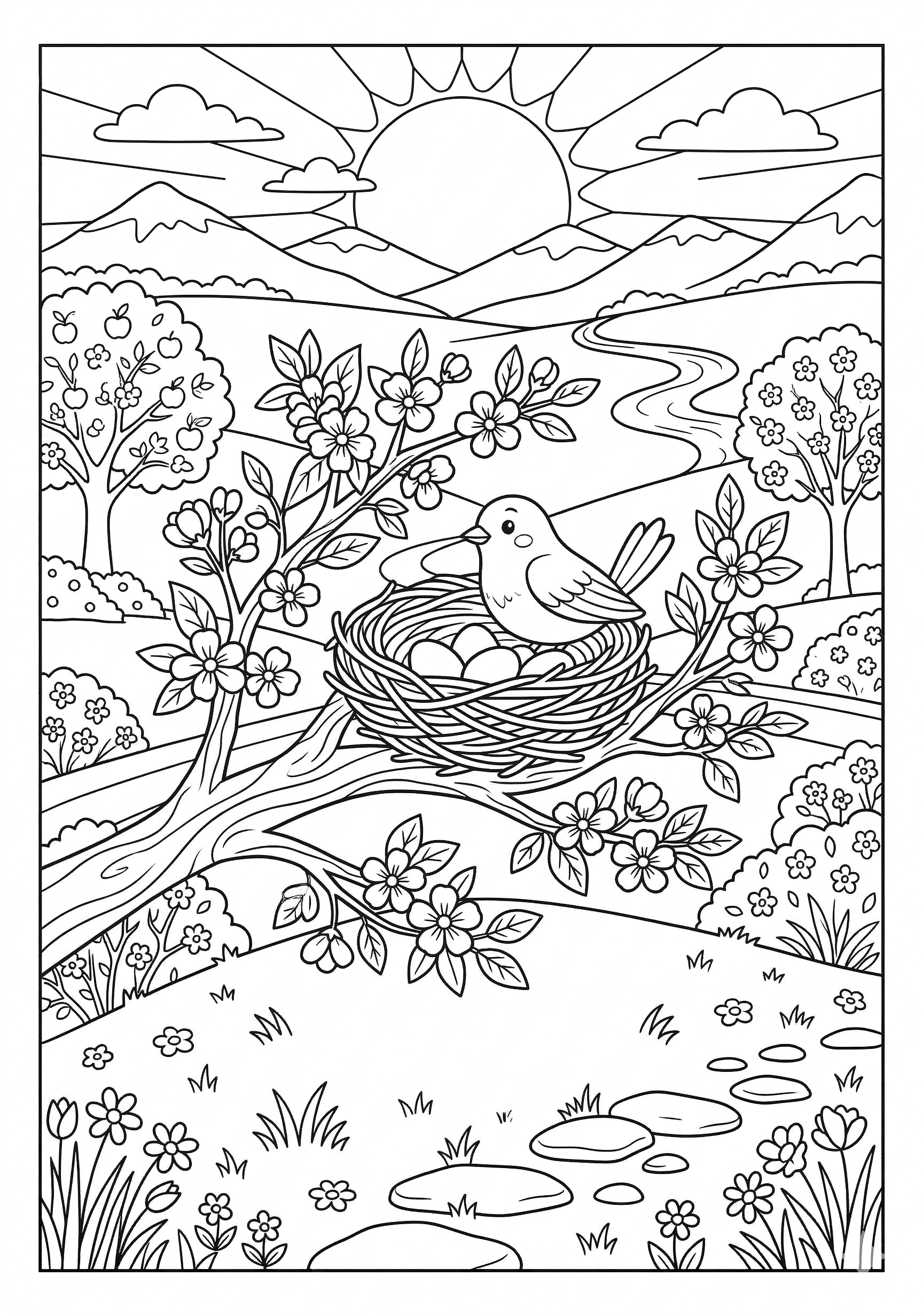 Bird nest in tree with spring landscape coloring page for kids age 9-10