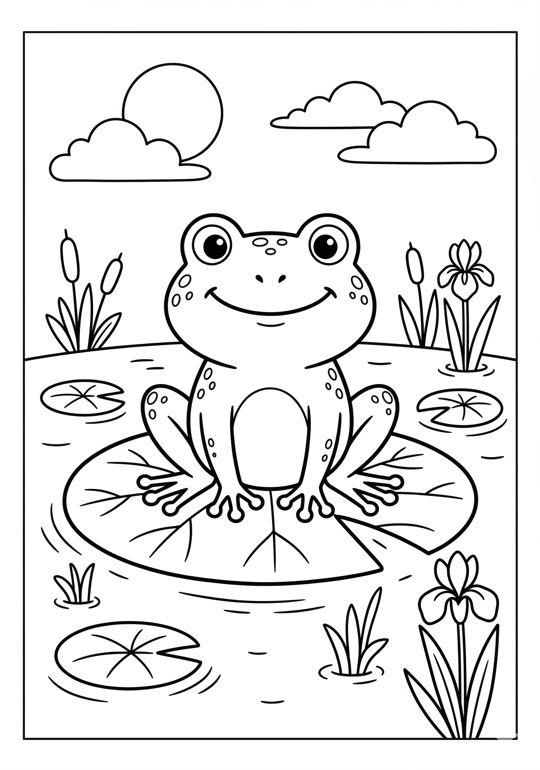 Frog on lily pad spring coloring page for kids age 6-8