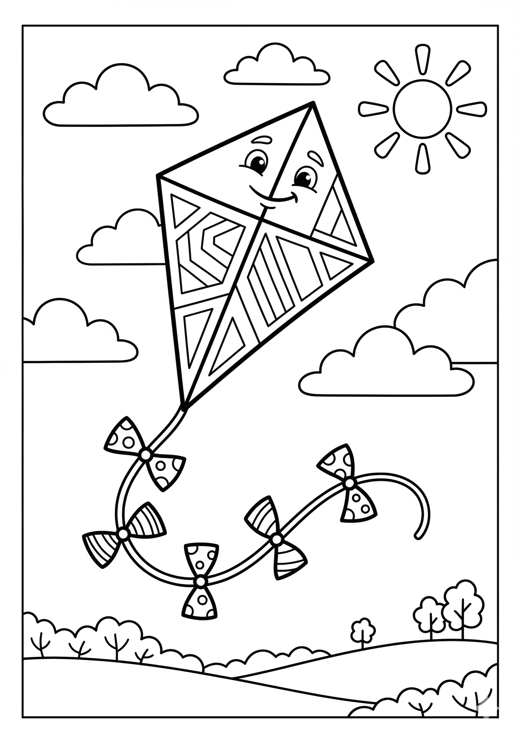 Kite in sky spring coloring page for kids age 6-8