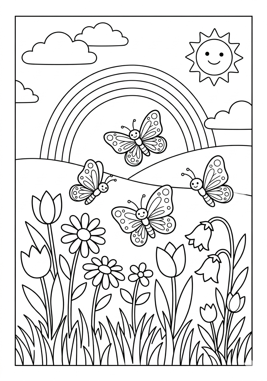 Meadow with butterflies spring coloring page for kids age 6-8