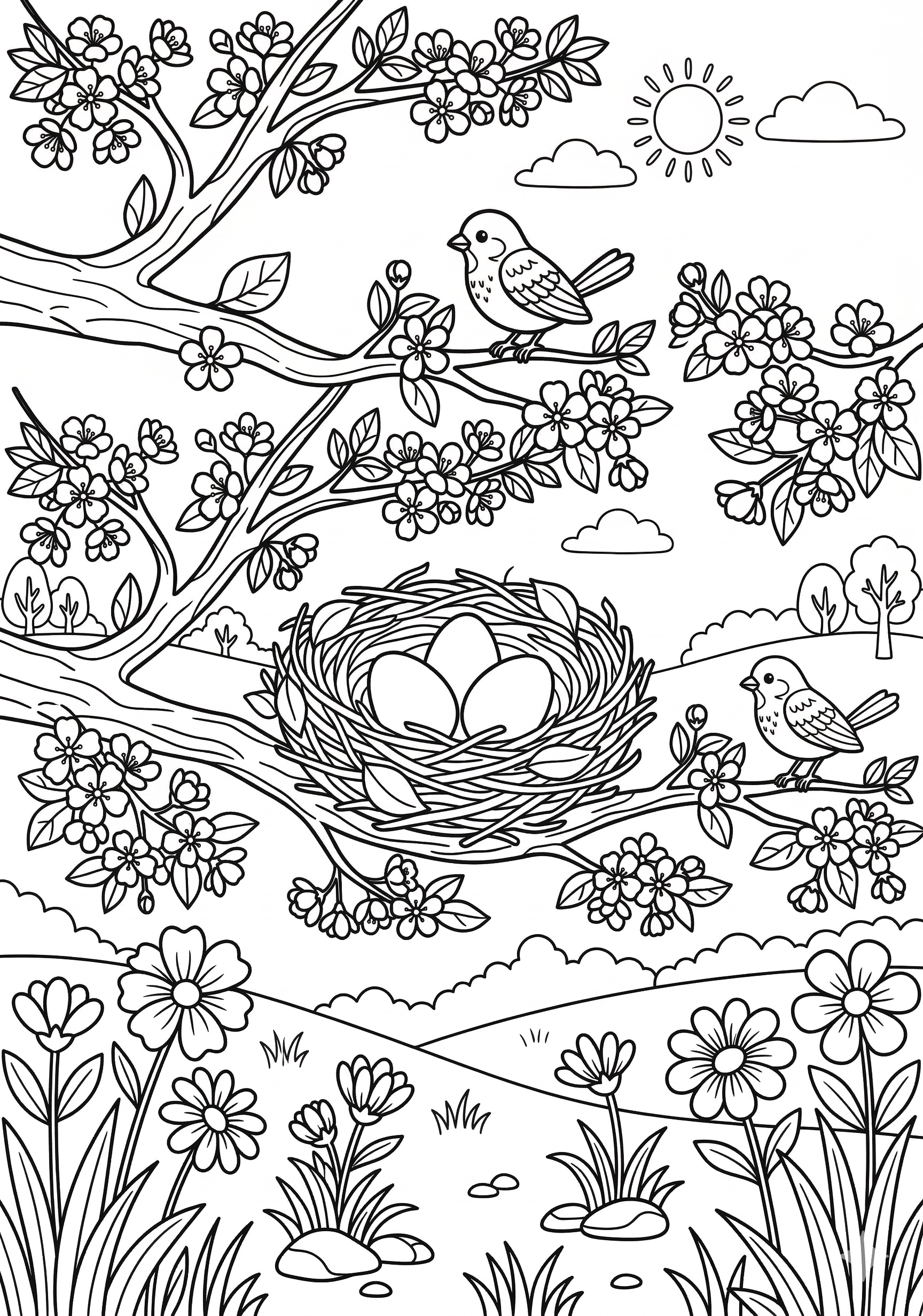 Bird nest with eggs spring coloring page for kids age 6-8
