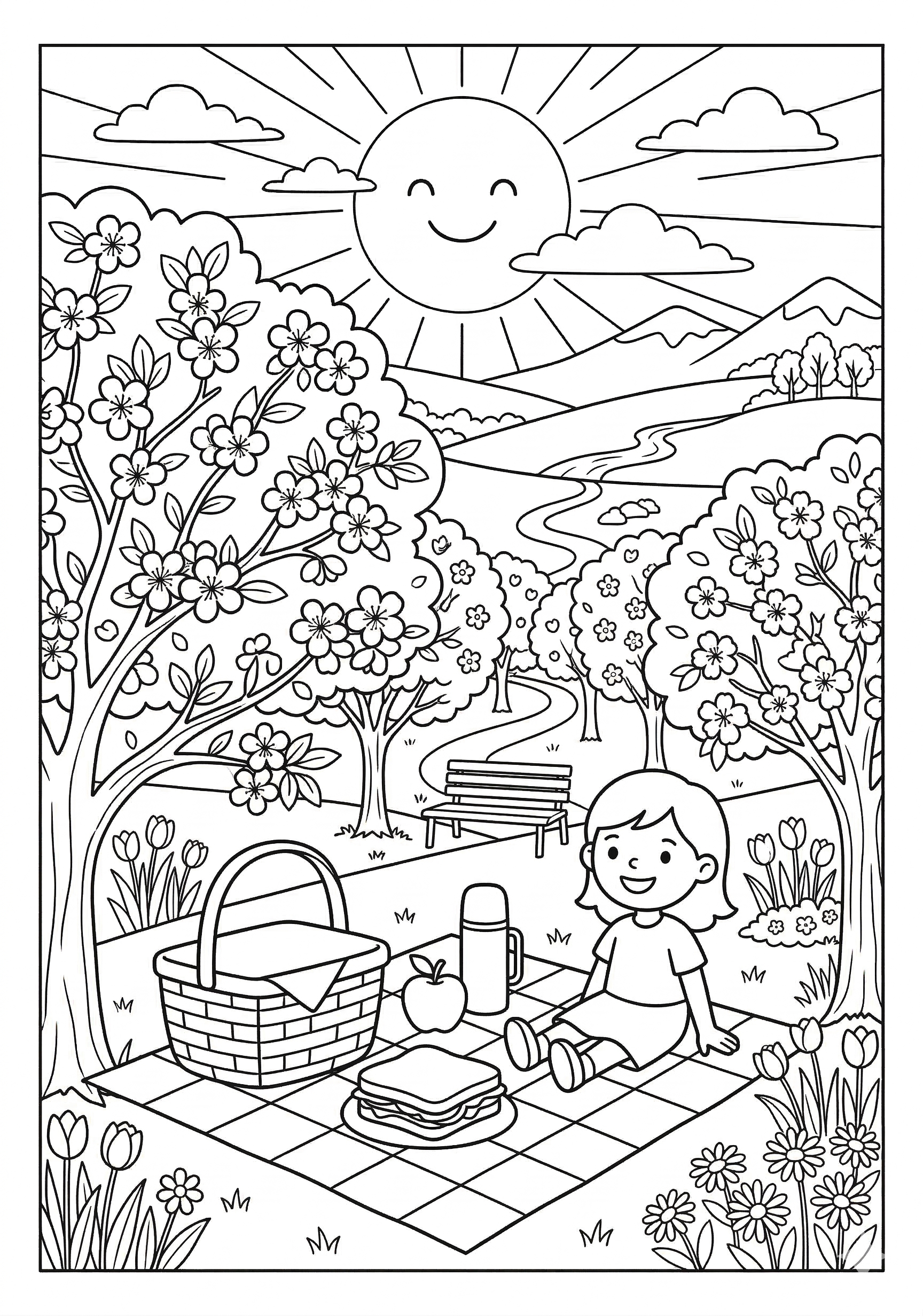 Spring picnic in park scene coloring page for kids age 9-10