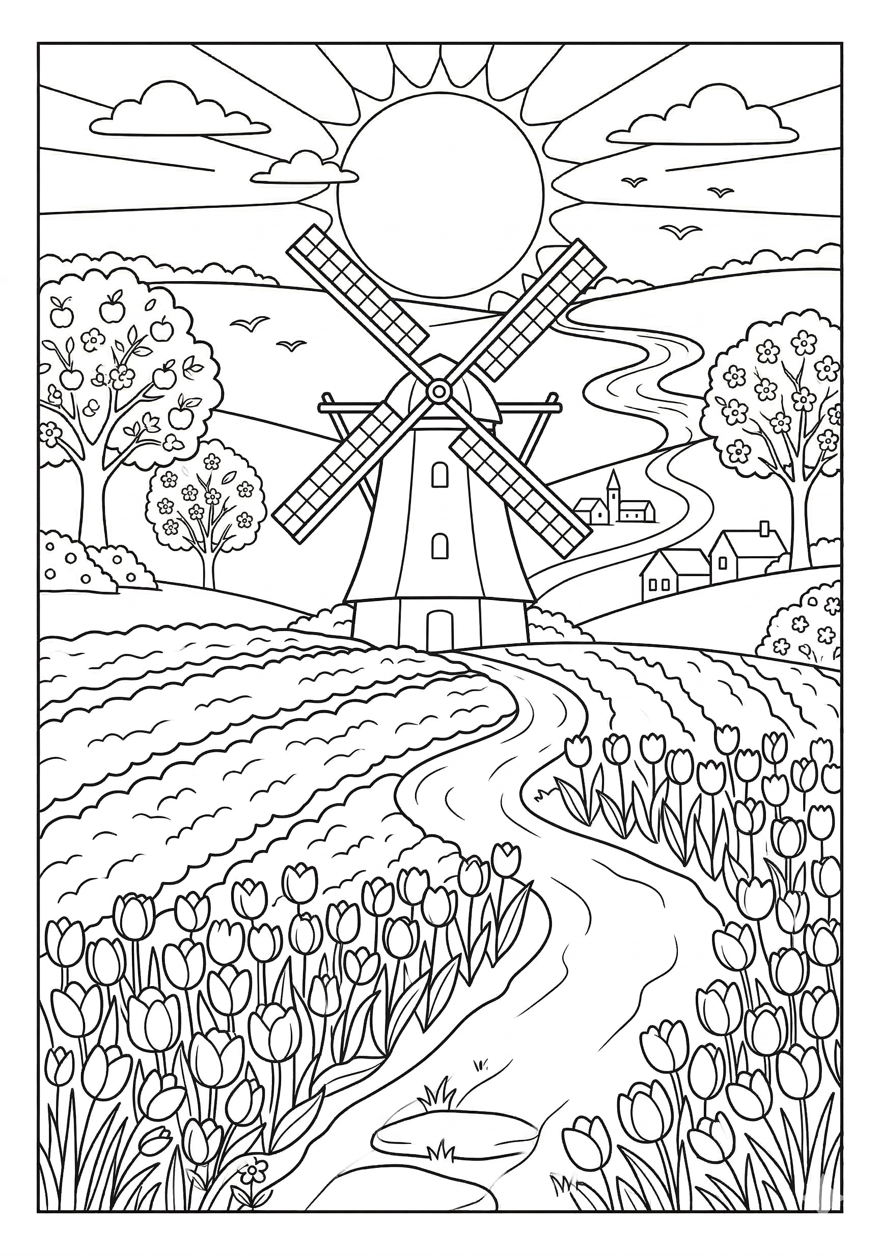 Tulip field with windmill spring coloring page for kids age 9-10