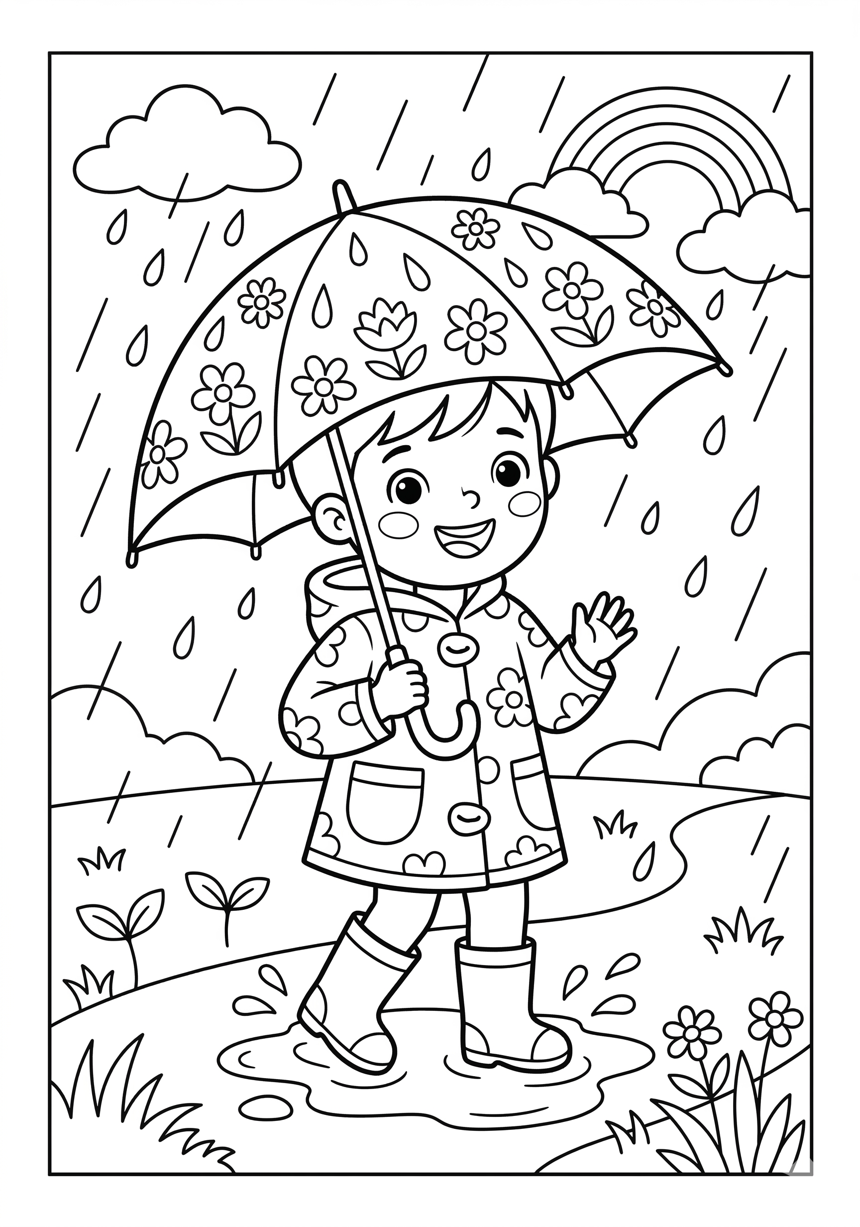 Umbrella in spring rain coloring page for kids age 6-8