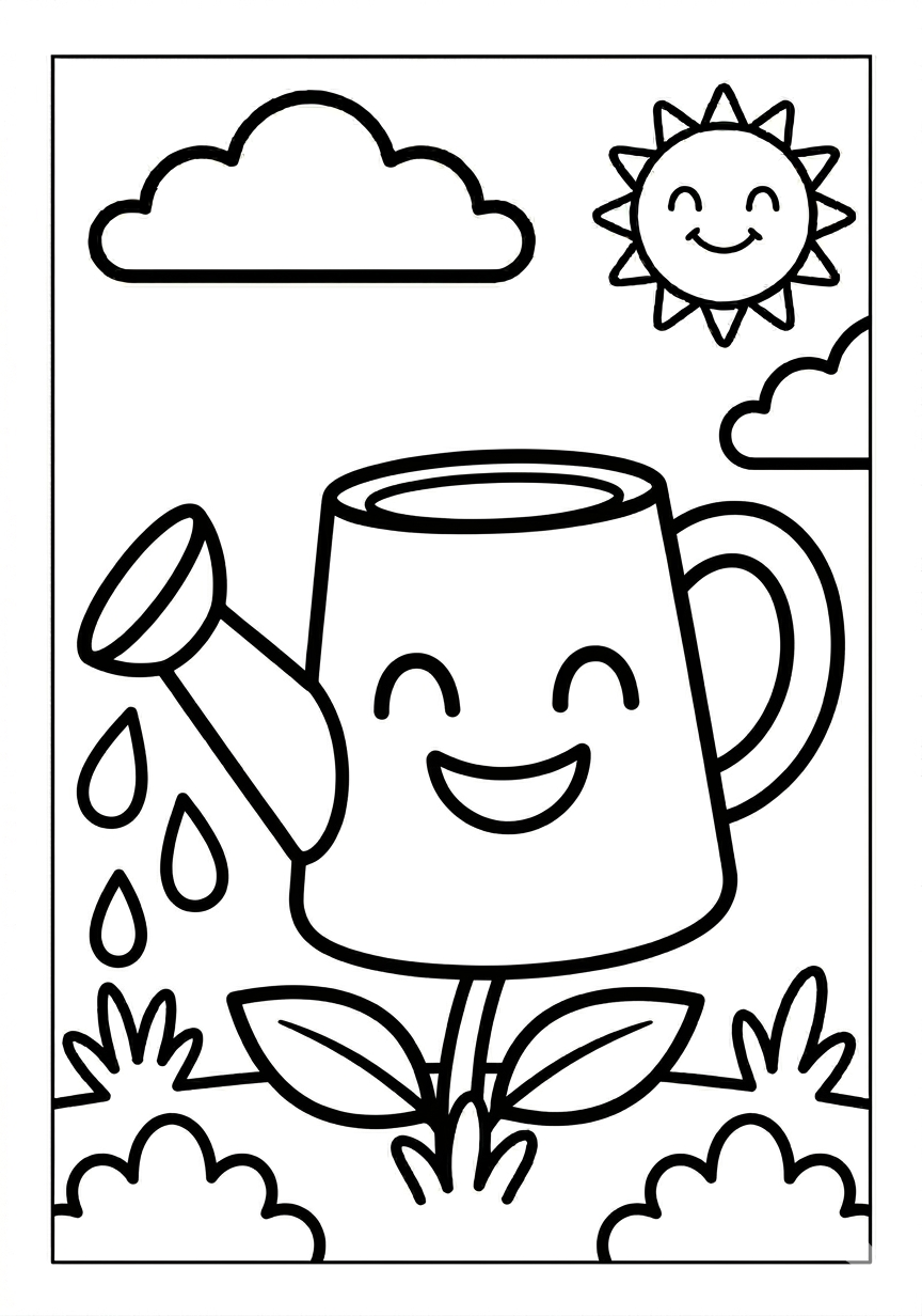 Simple watering can spring coloring page for toddlers age 3-5, easy to color
