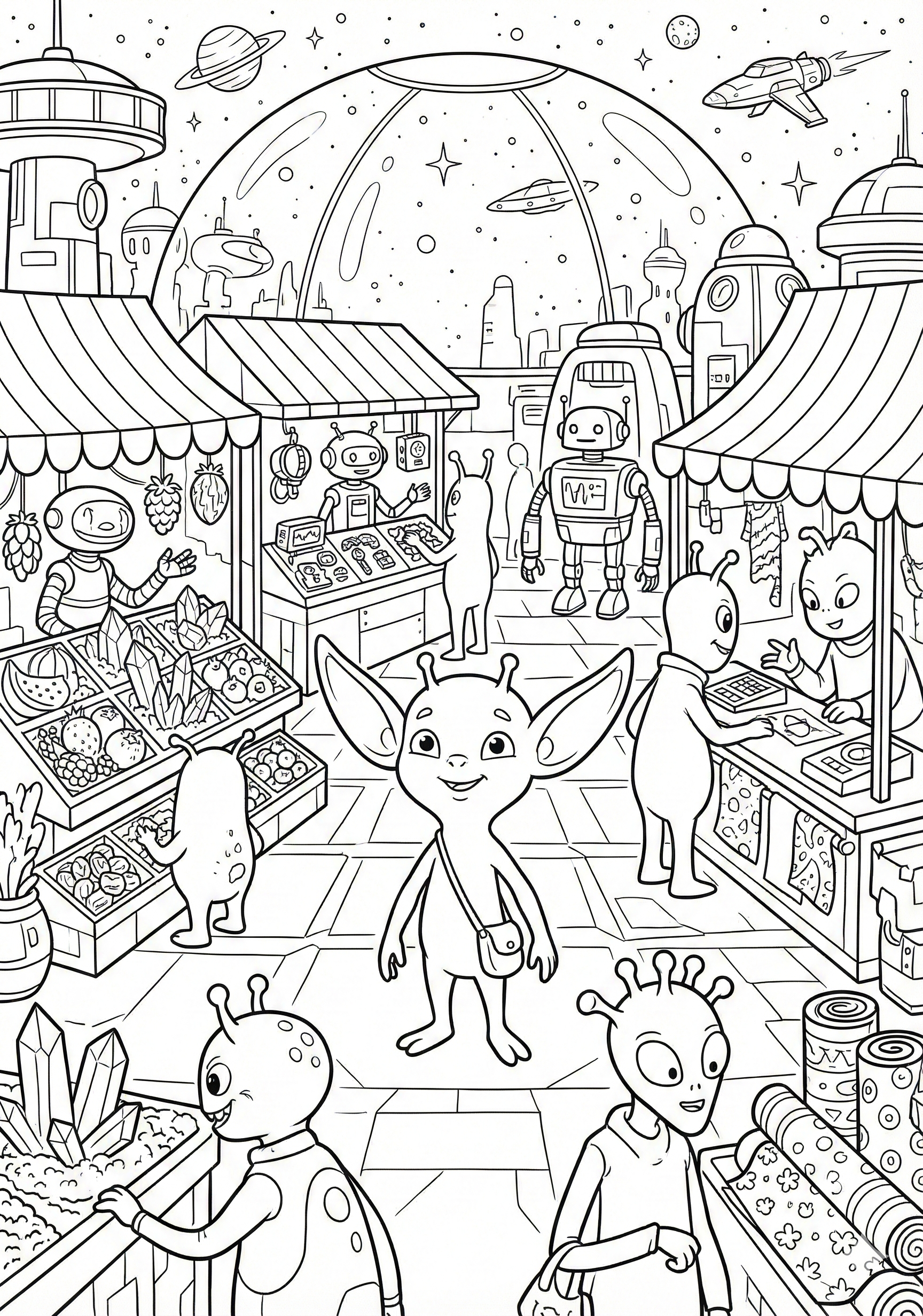 Cute alien in simple space market scene coloring page for kids age 9-10