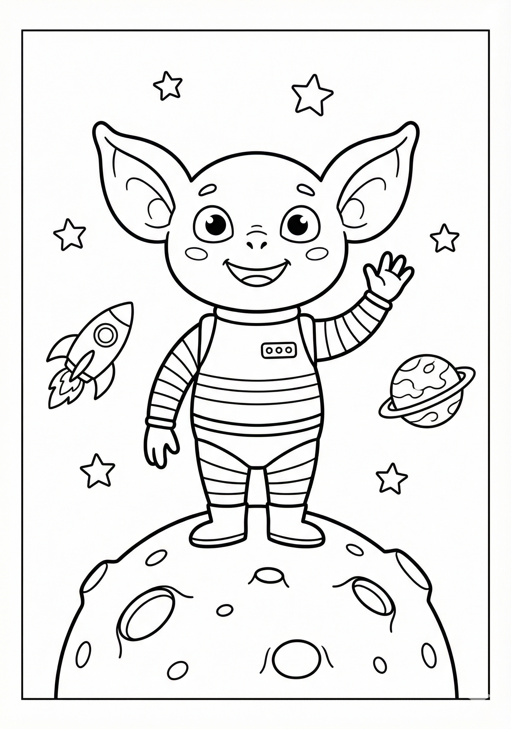 Alien standing on small moon hill coloring page for kids age 6-8