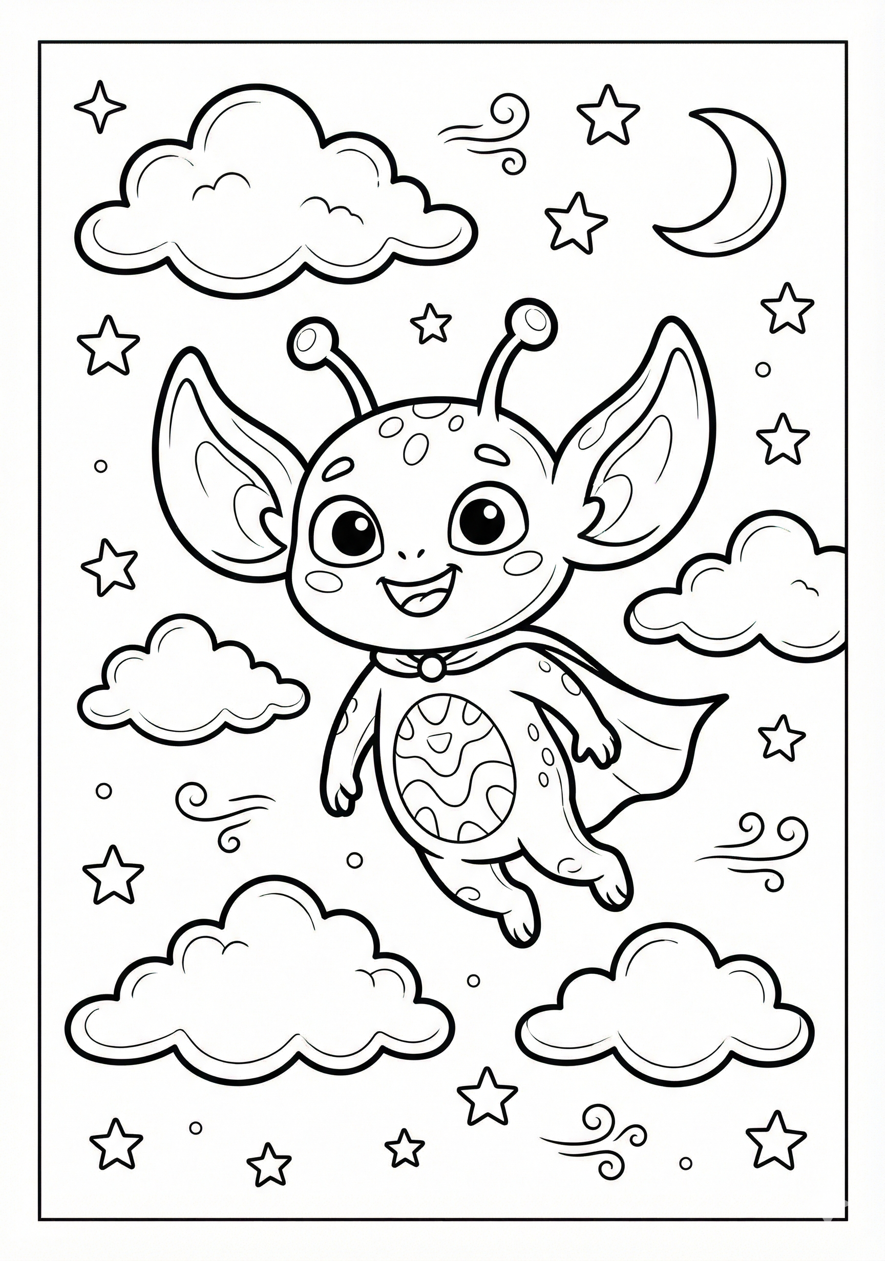 Big-eared alien with simple clouds and stars coloring page for kids age 6-8