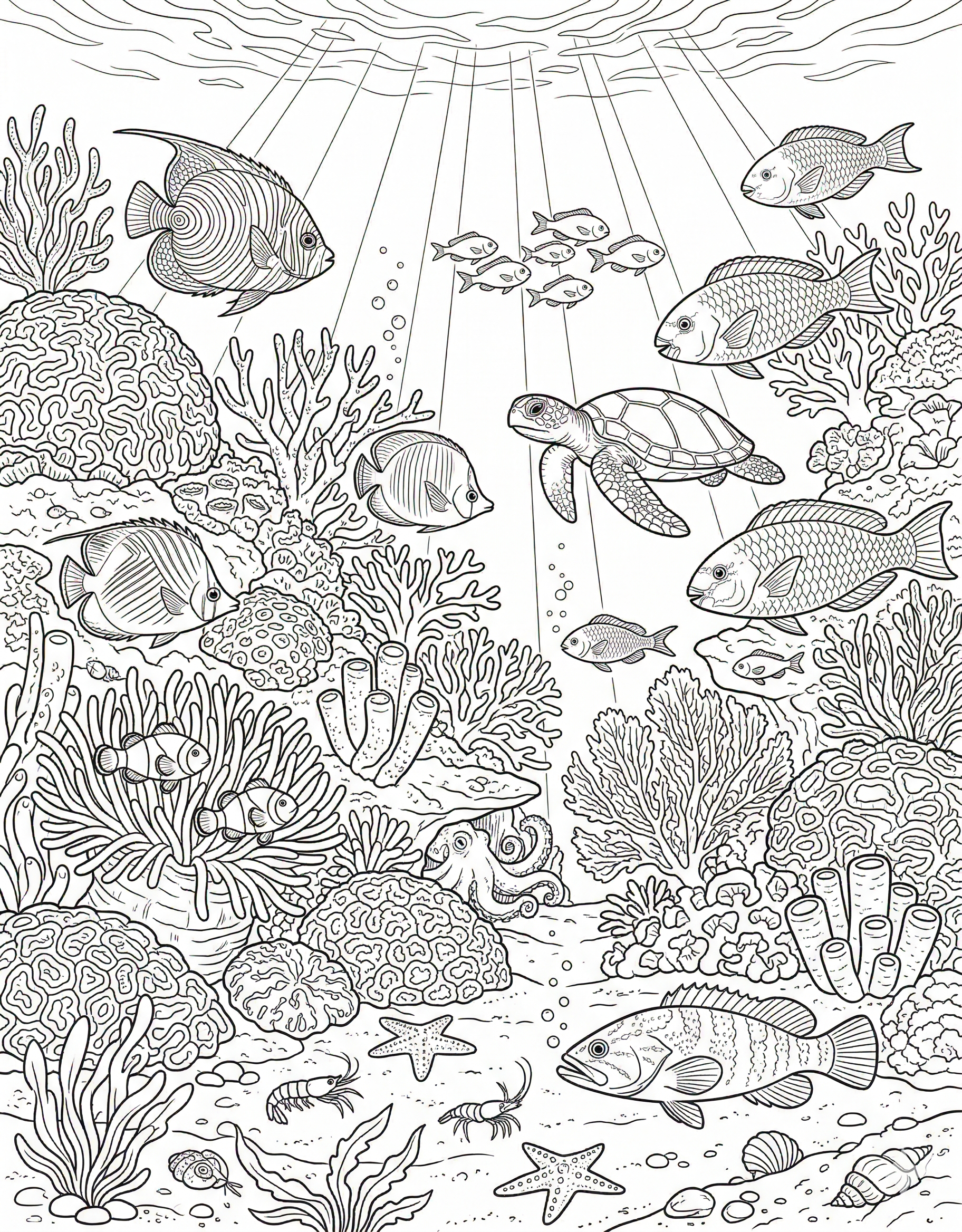Coral reef with fish detailed summer coloring page for kids age 9-10