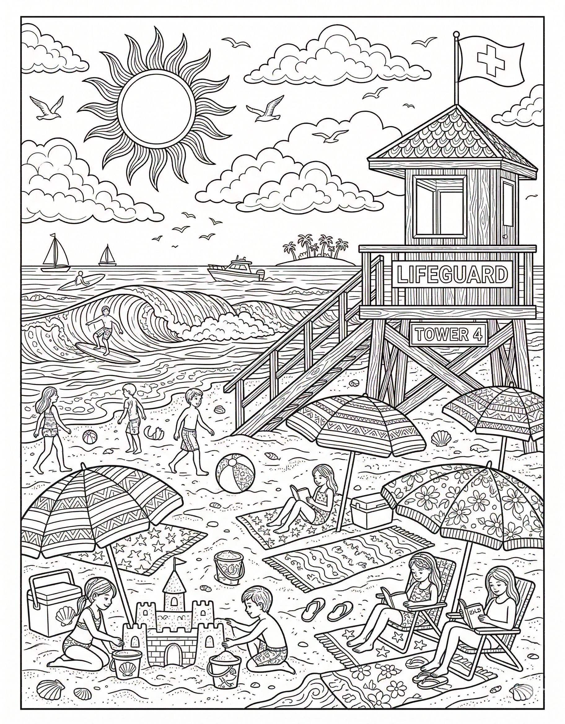 Lifeguard tower and busy beach detailed summer coloring page for kids age 9-10