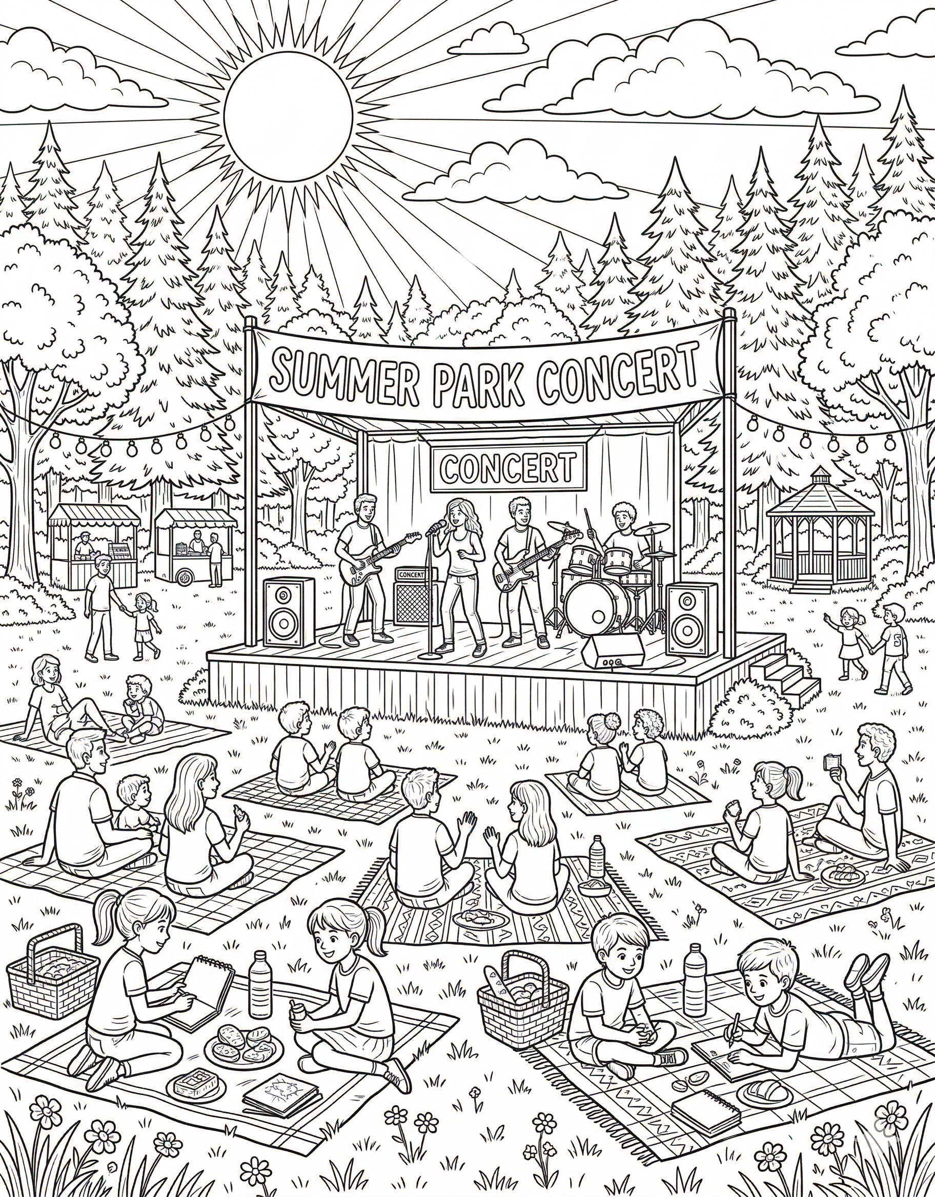 Outdoor concert in park detailed summer coloring page for kids age 9-10