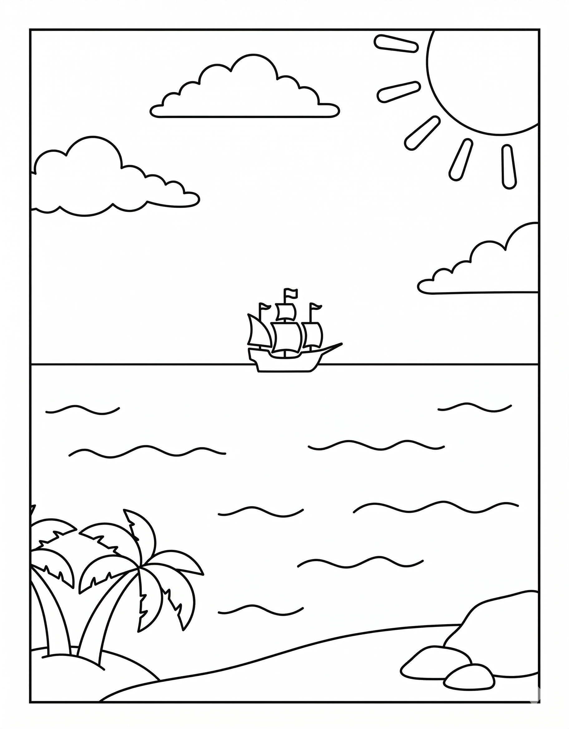 Sail ship on horizon summer coloring page for kids age 6-8