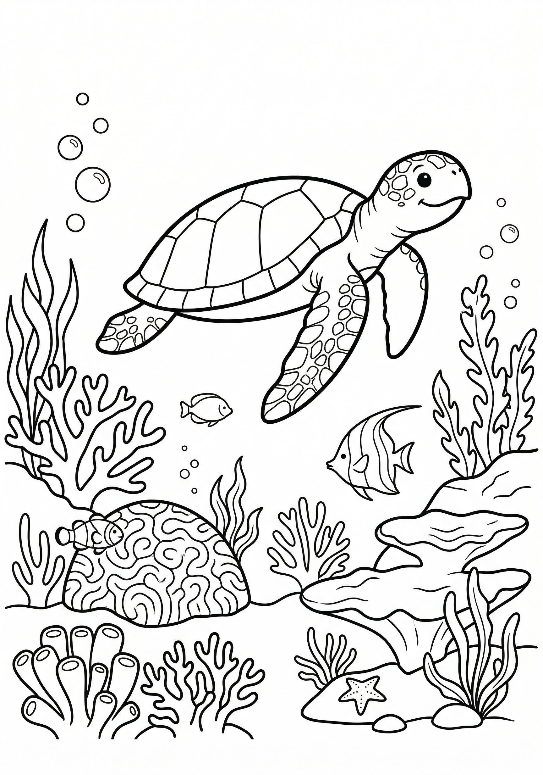 Sea turtle near coral summer coloring page for kids age 6-8