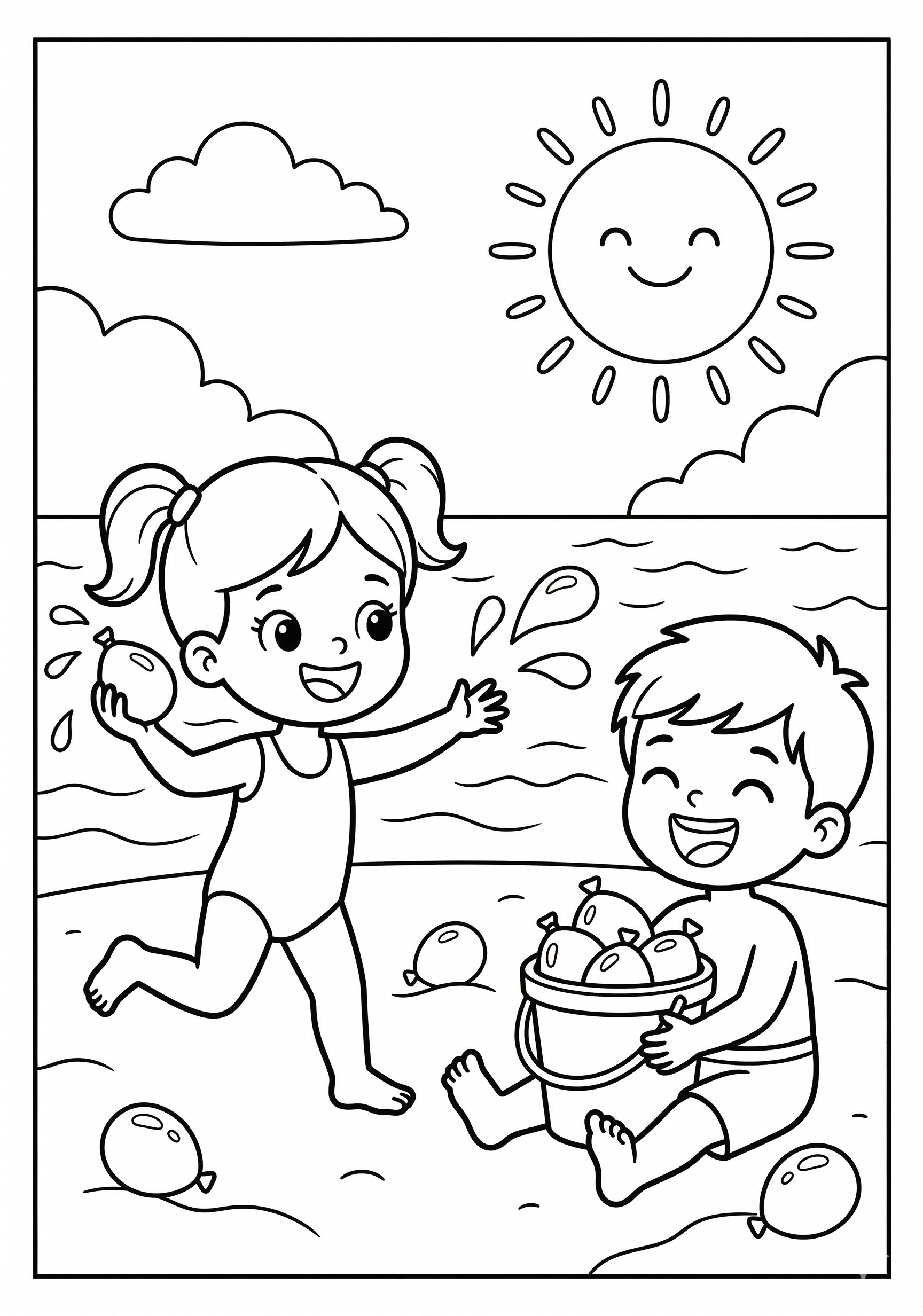 Kids with water balloons summer coloring page for kids age 6-8