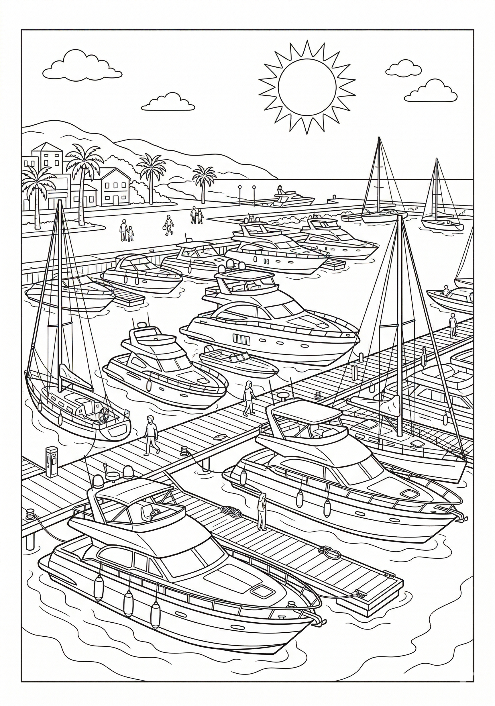 Marina with yachts detailed summer coloring page for kids age 9-10