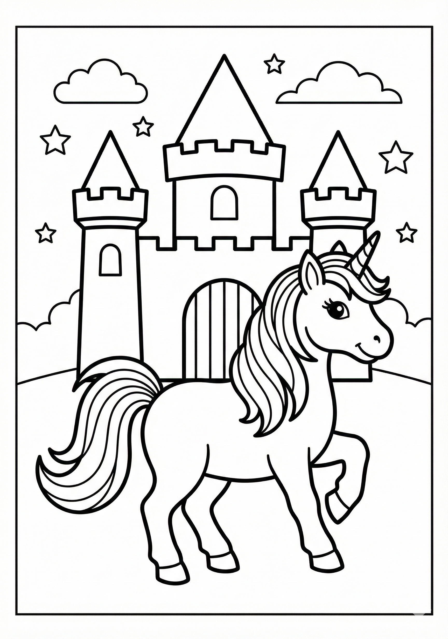 Unicorn with simple castle outline unicorn coloring page for kids age 6-8