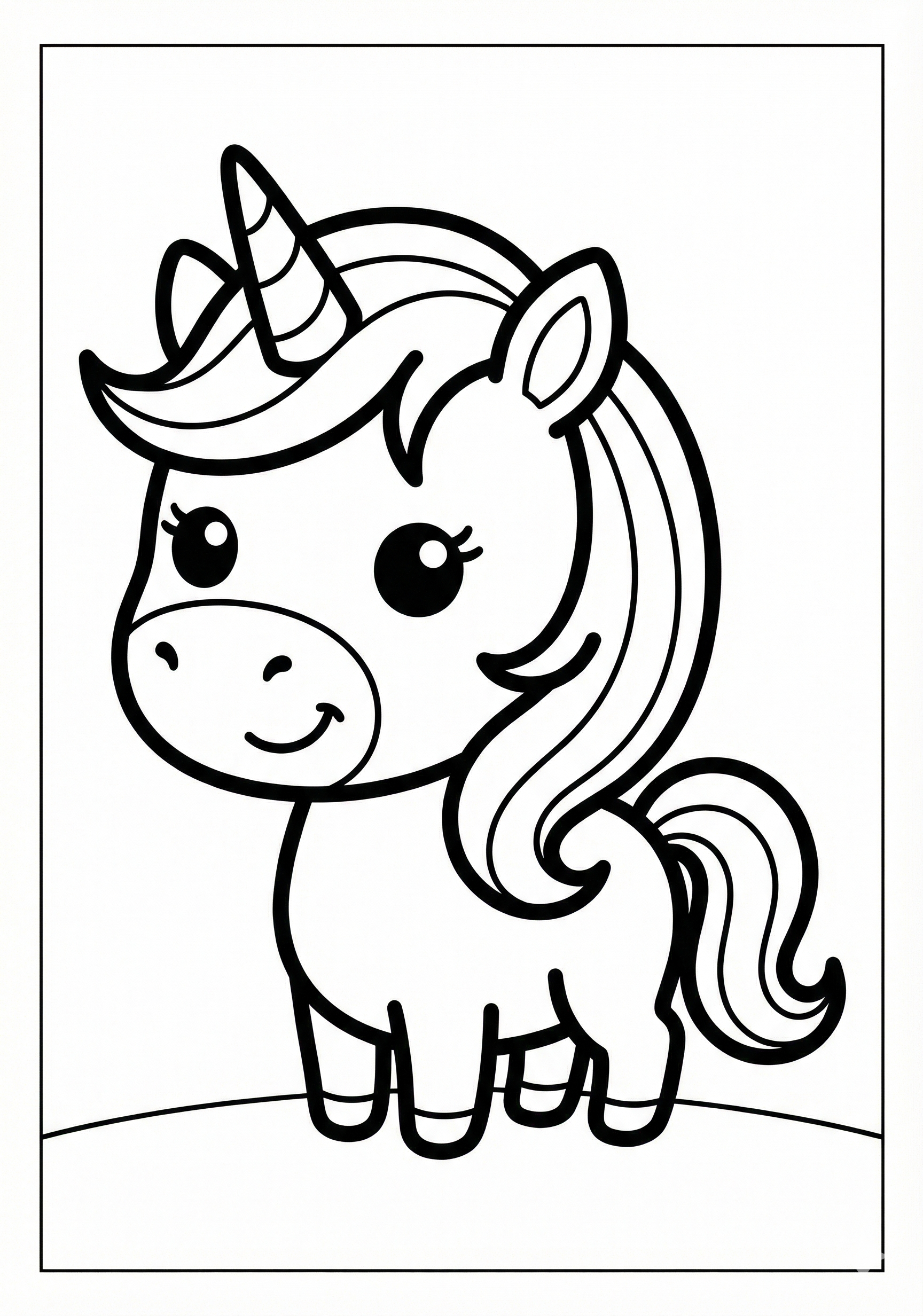 Big-headed cute unicorn coloring page for kids age 3-5, easy to color