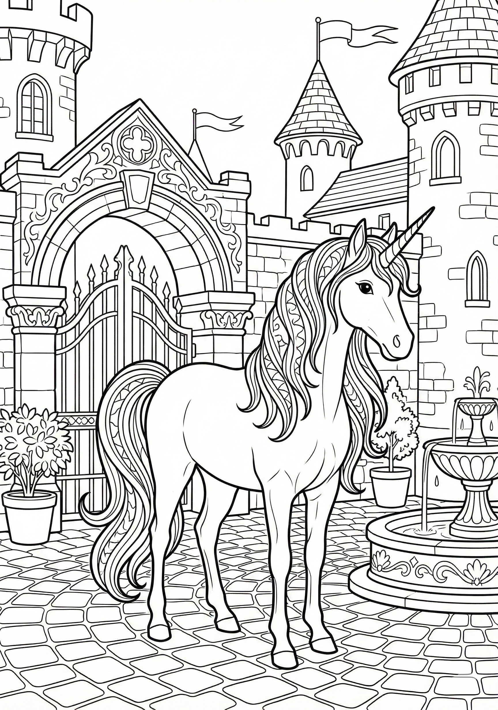 Unicorn in castle courtyard scene unicorn coloring page for kids age 9-10