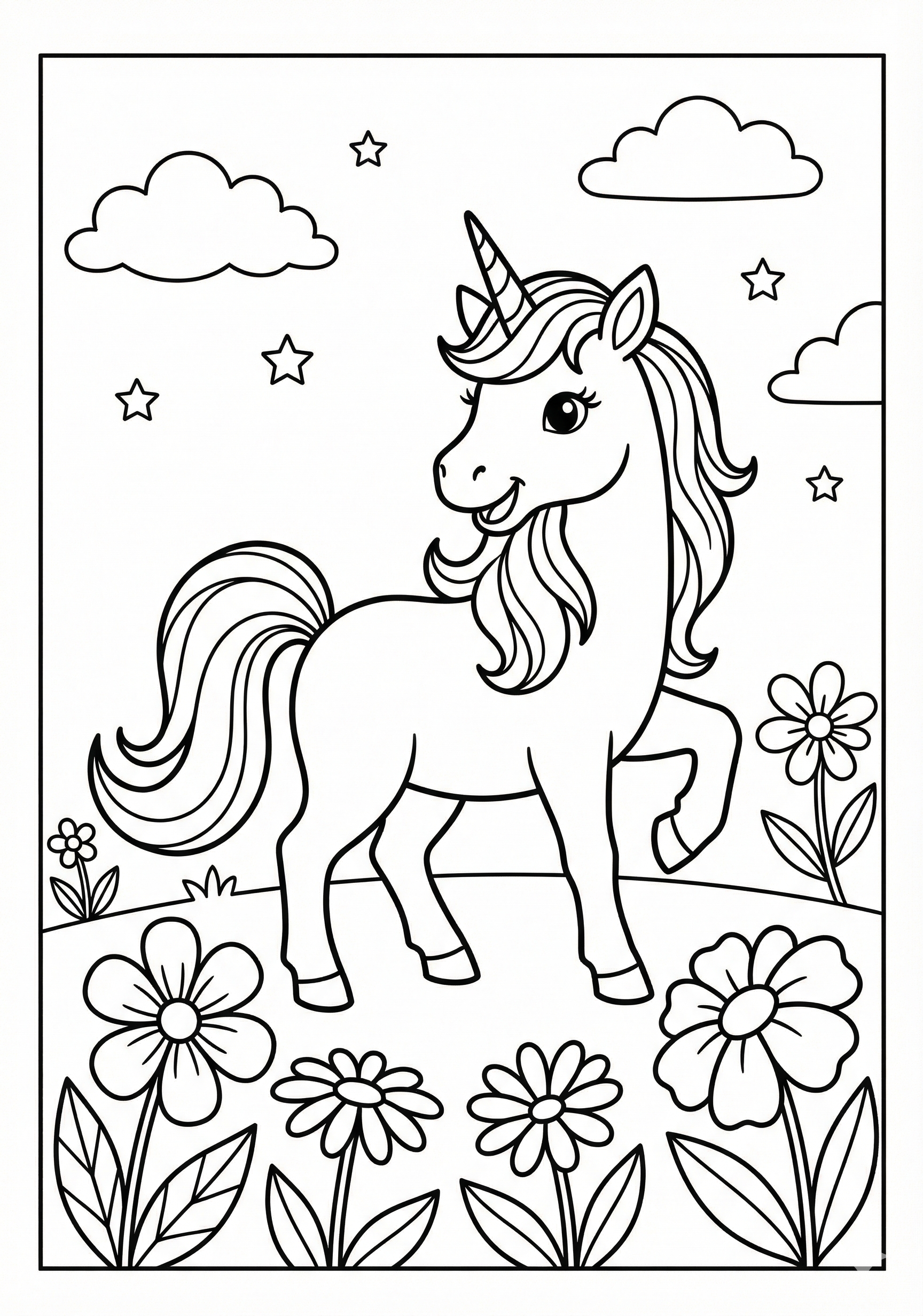 Unicorn in simple flower field unicorn coloring page for kids age 6-8