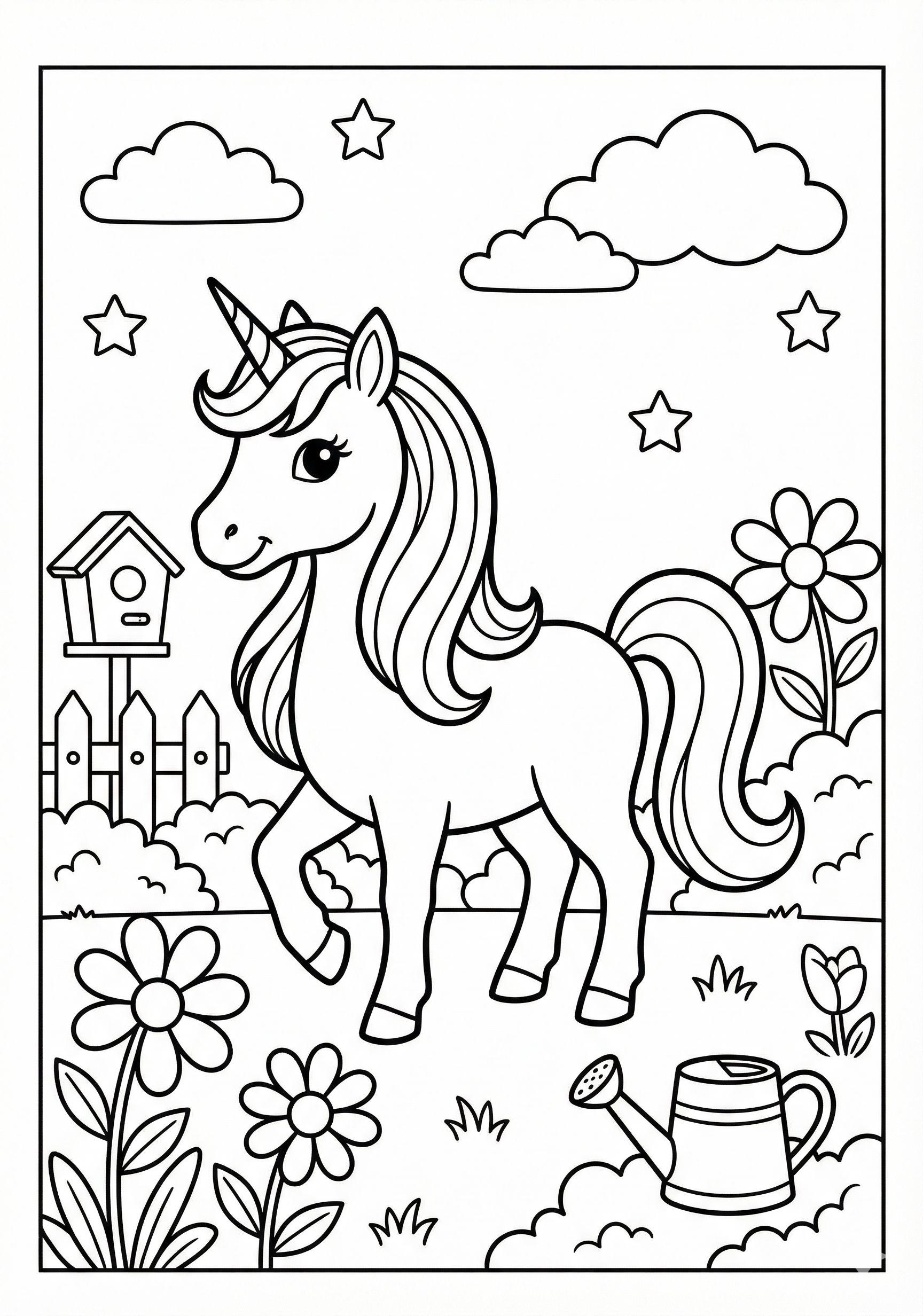 Unicorn in simple garden scene unicorn coloring page for kids age 6-8