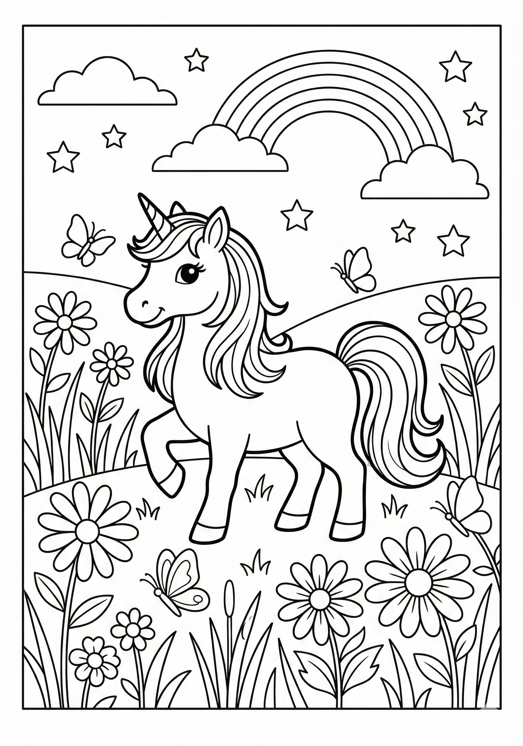 Unicorn in magical meadow unicorn coloring page for kids age 6-8