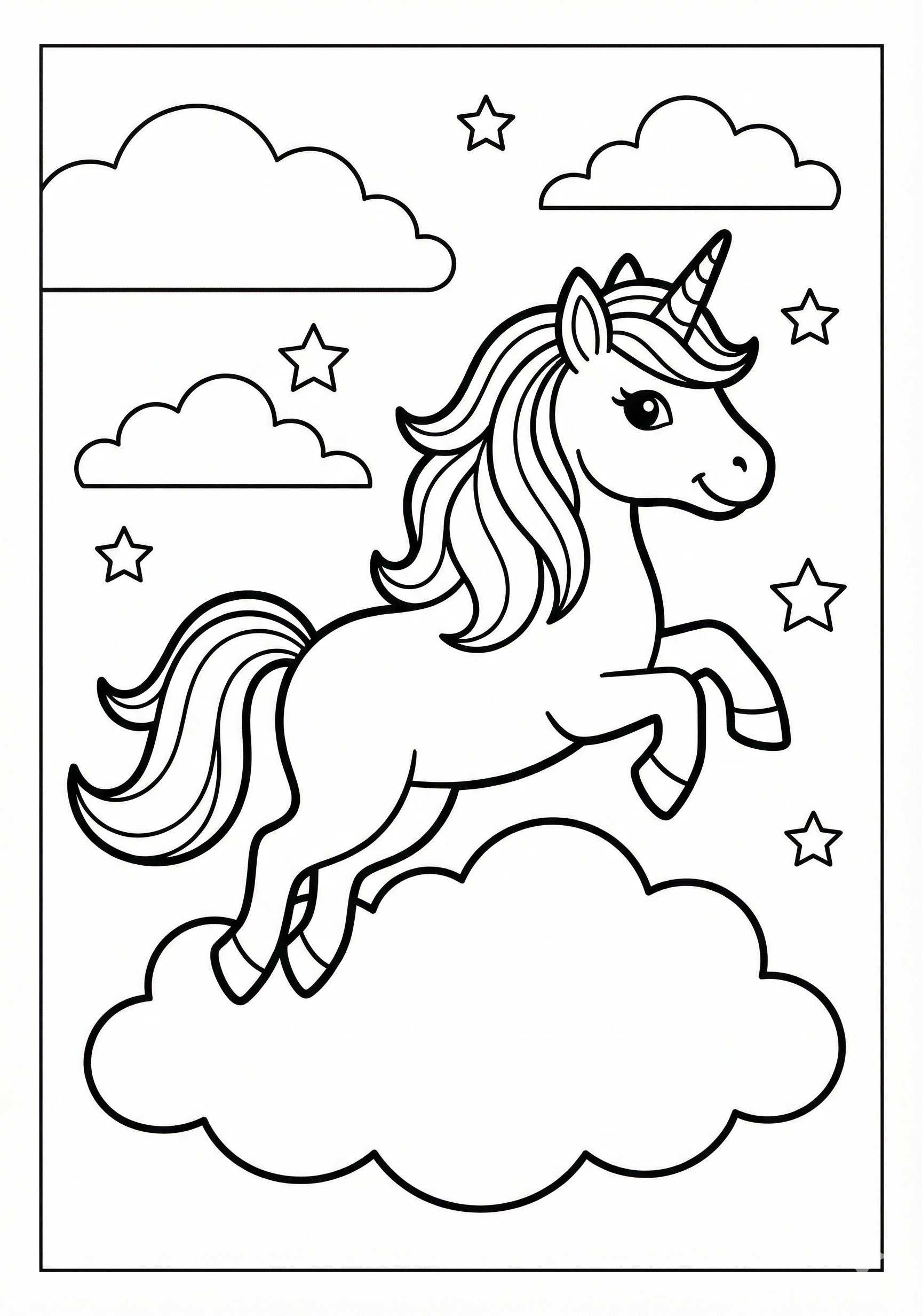 Unicorn jumping over cloud unicorn coloring page for kids age 6-8