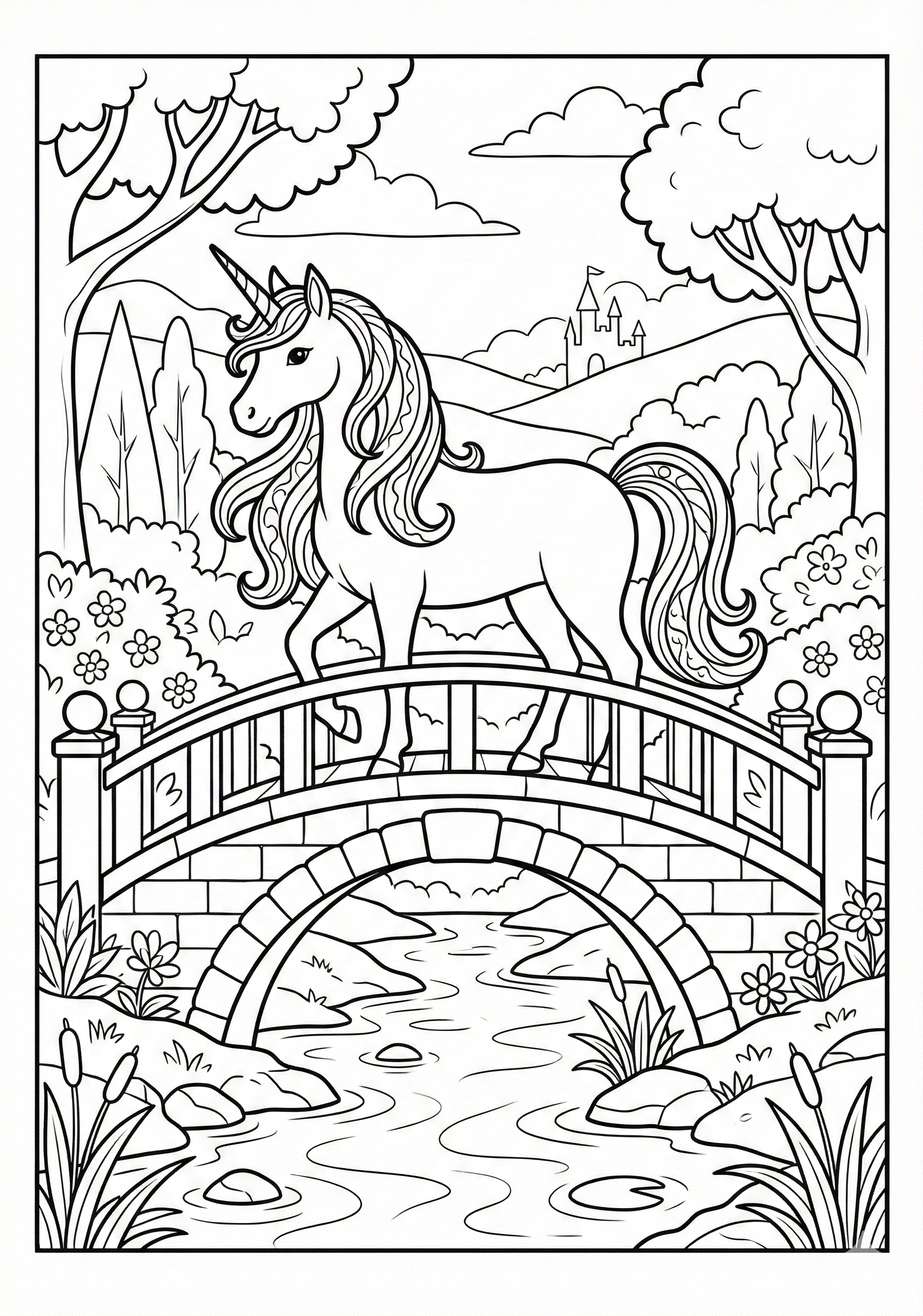 Unicorn on bridge over stream unicorn coloring page for kids age 9-10