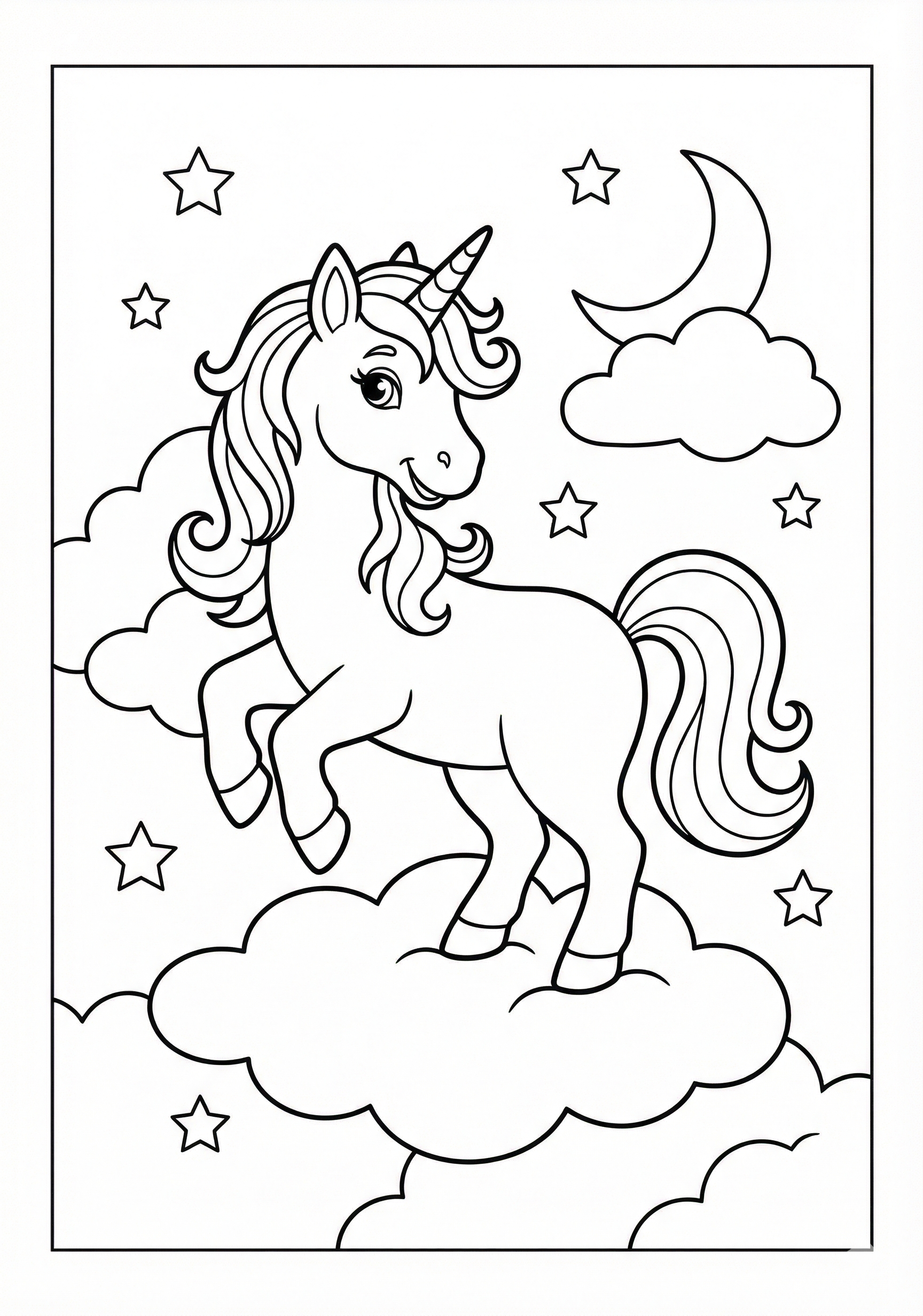 Unicorn standing on soft clouds unicorn coloring page for kids age 6-8