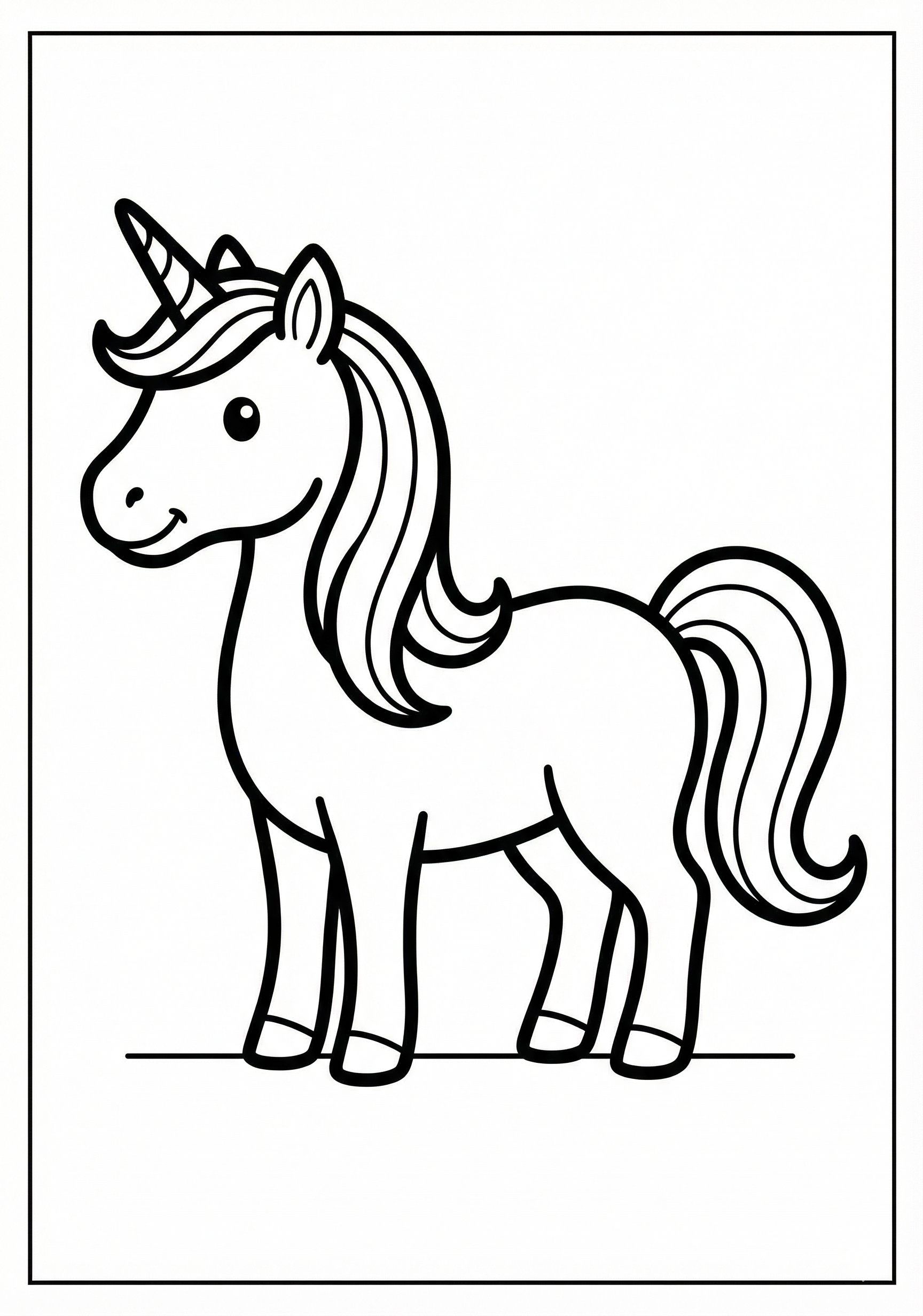 Unicorn standing on simple ground line coloring page for kids age 3-5