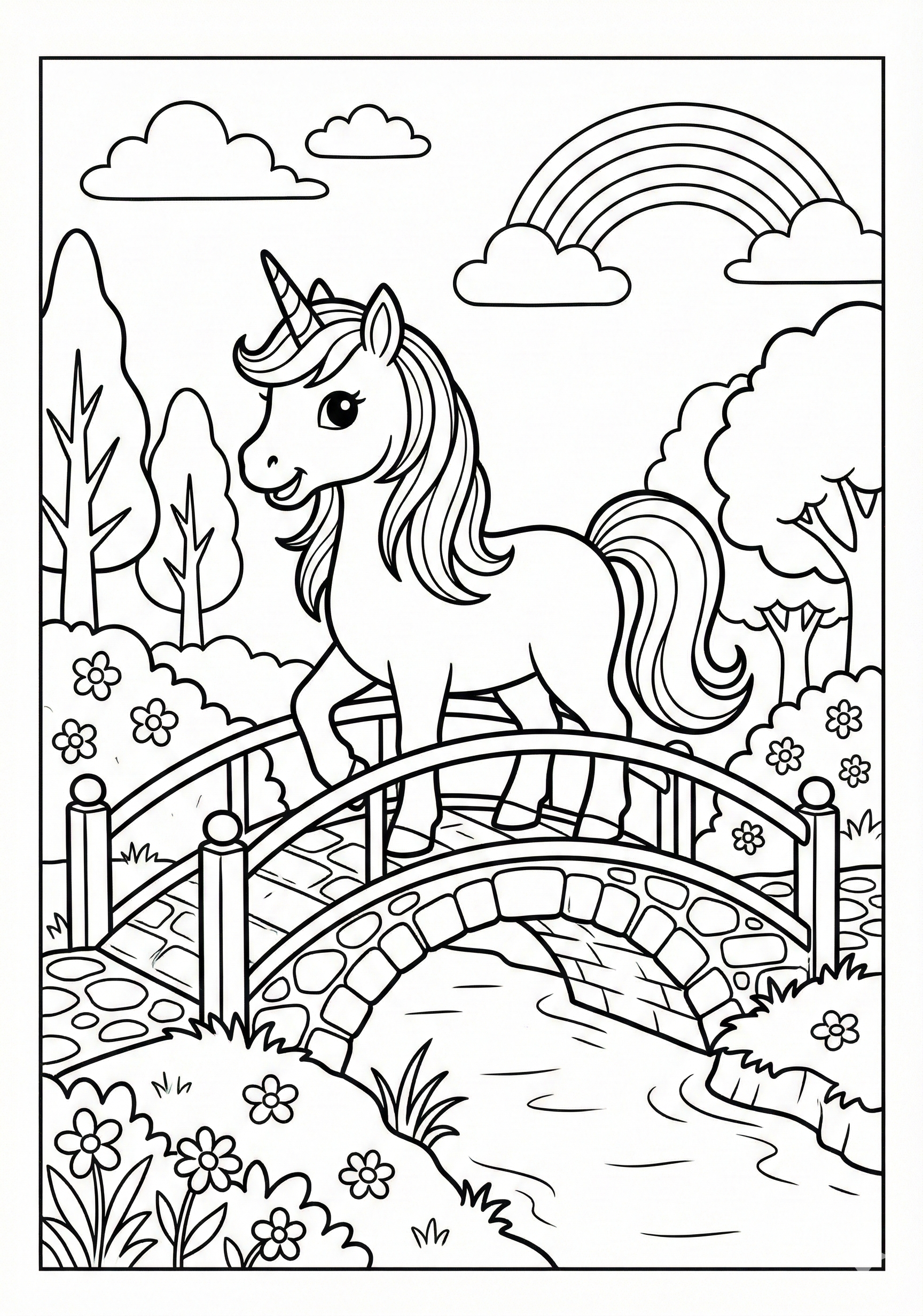 Unicorn on small bridge unicorn coloring page for kids age 6-8