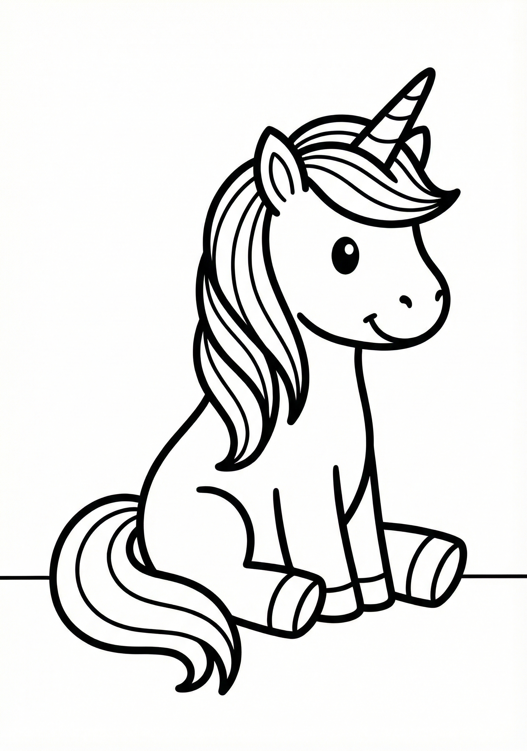 Simple unicorn sitting coloring page for kids age 3-5, thick outlines