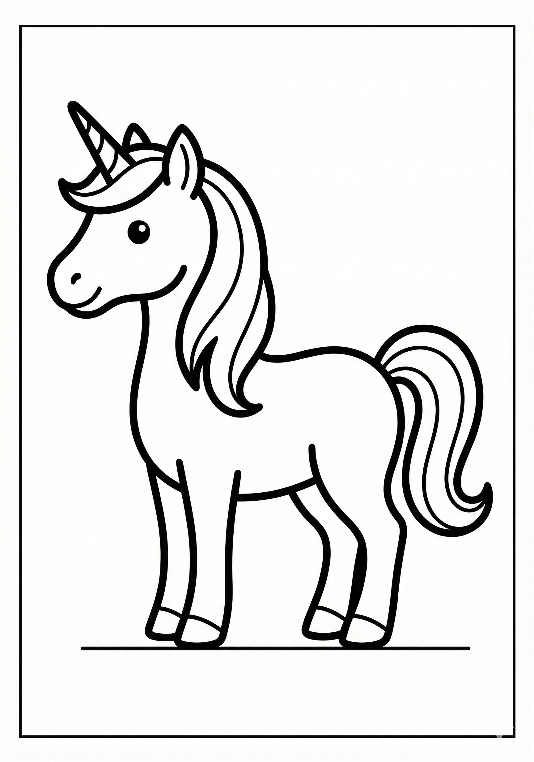 Simple profile unicorn standing coloring page for preschool age 3-5