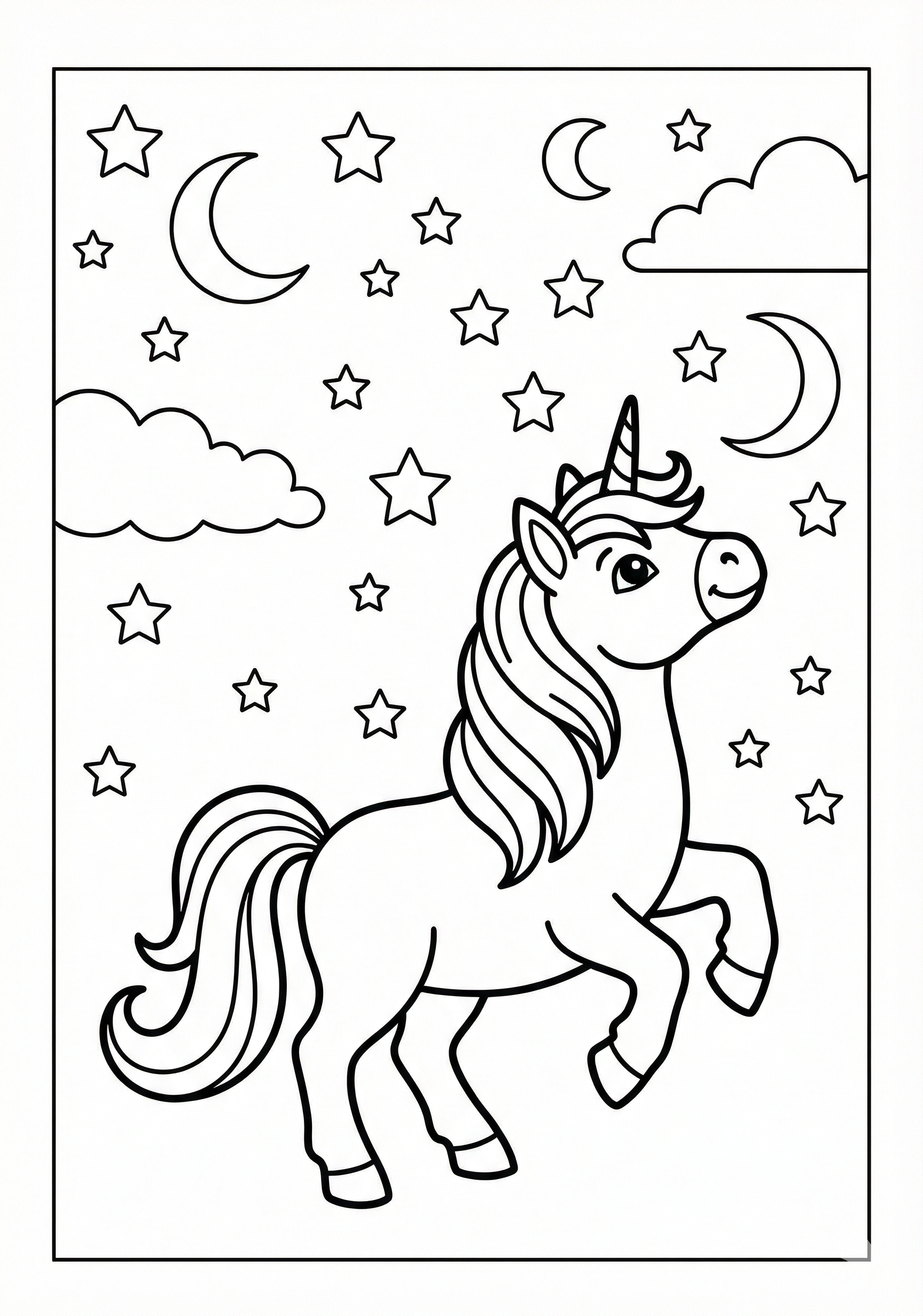 Unicorn under magical stars unicorn coloring page for kids age 6-8